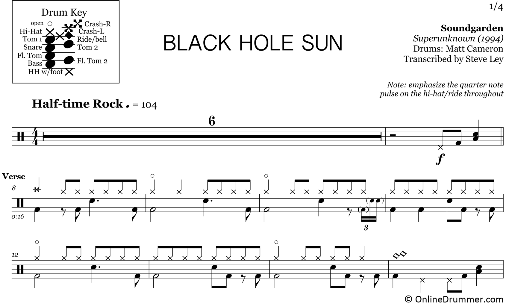 Black Hole Sun - Soundgarden - Drum Sheet Music