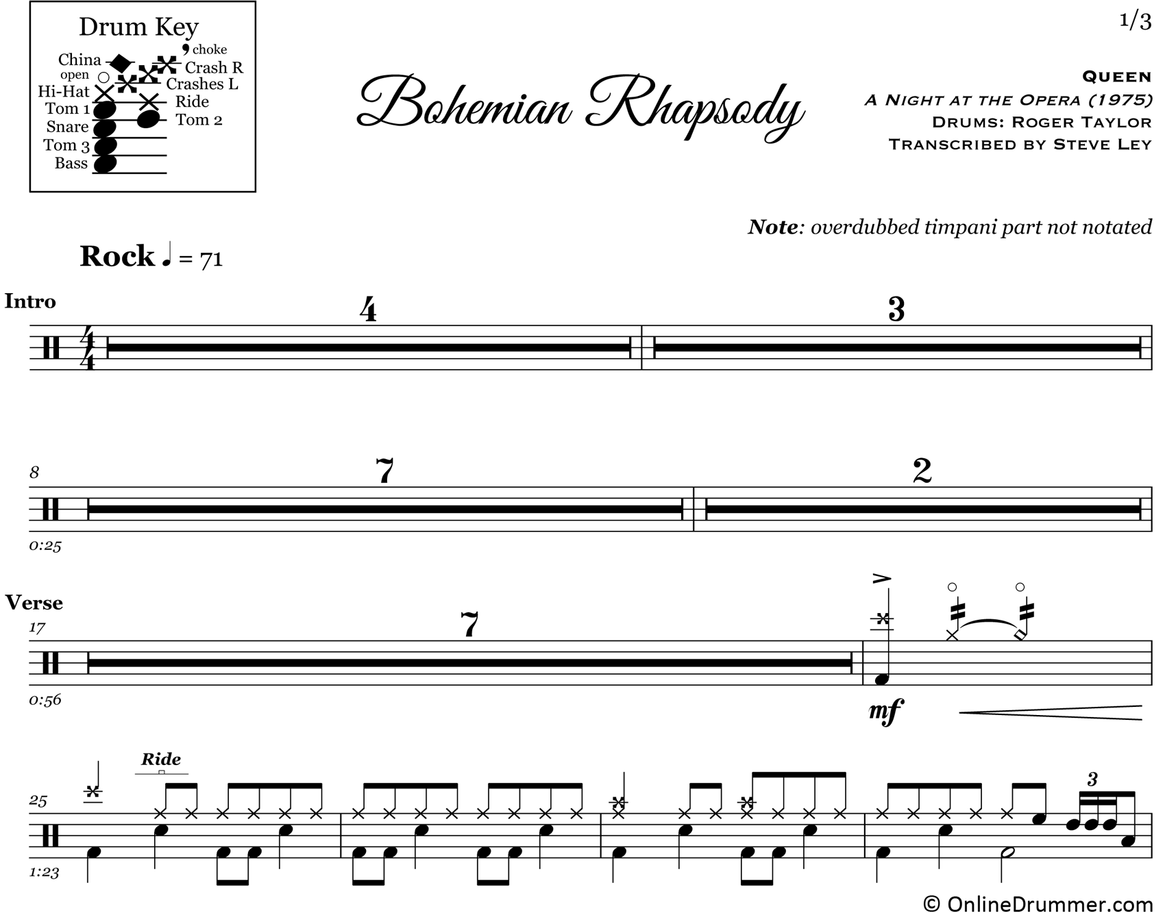 Bohemian Rhapsody - Queen - Drum Sheet Music