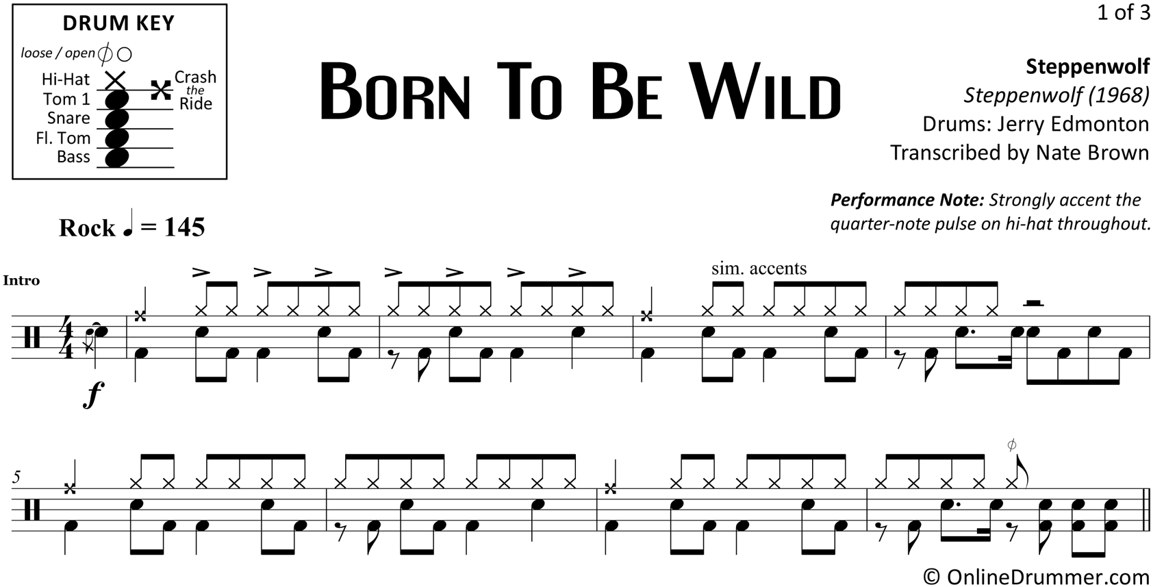 Born To Be Wild - Steppenwolf - Drum Sheet Music