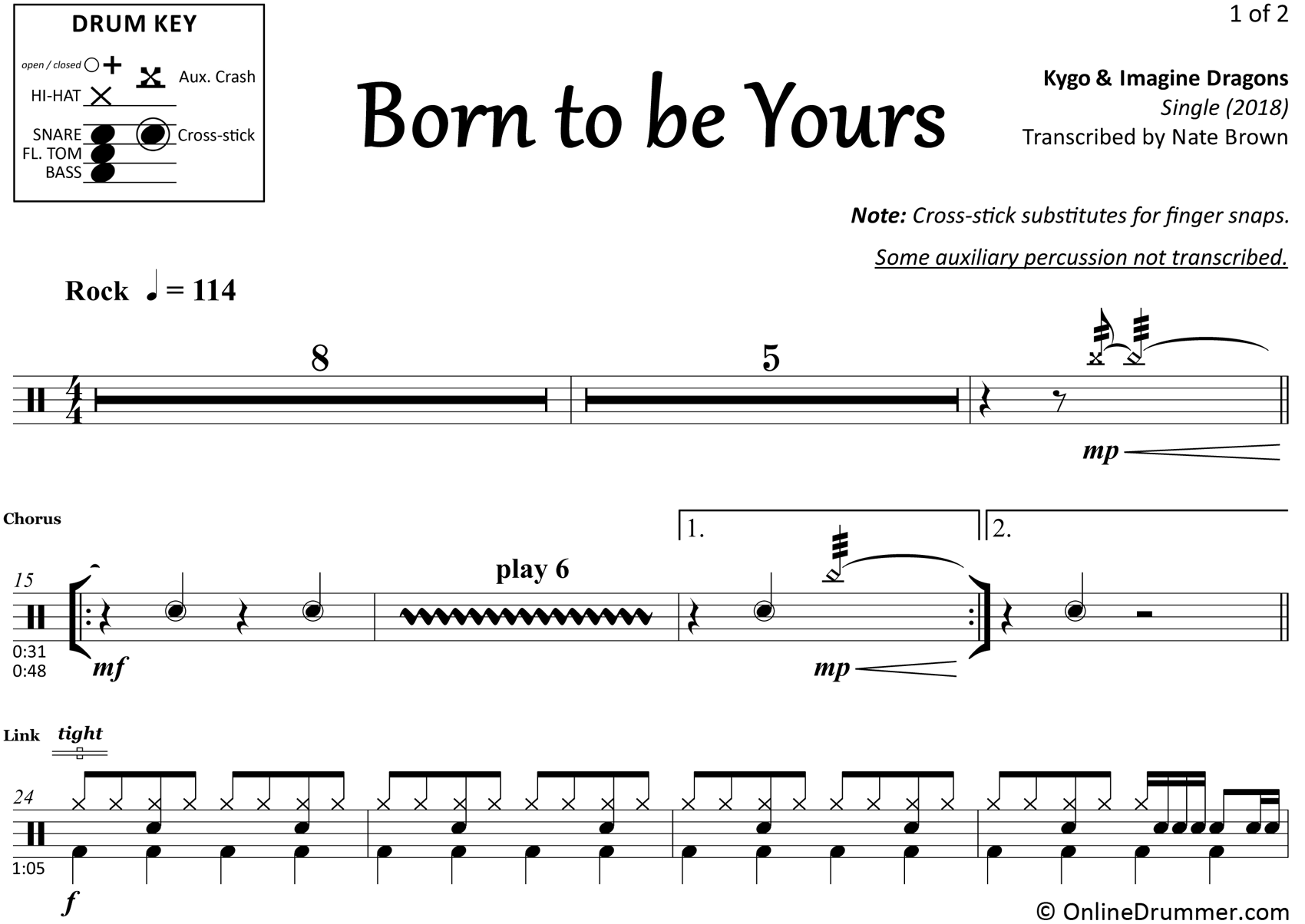 Born to be Yours - Kygo & Imagine Dragons - Drum Sheet Music
