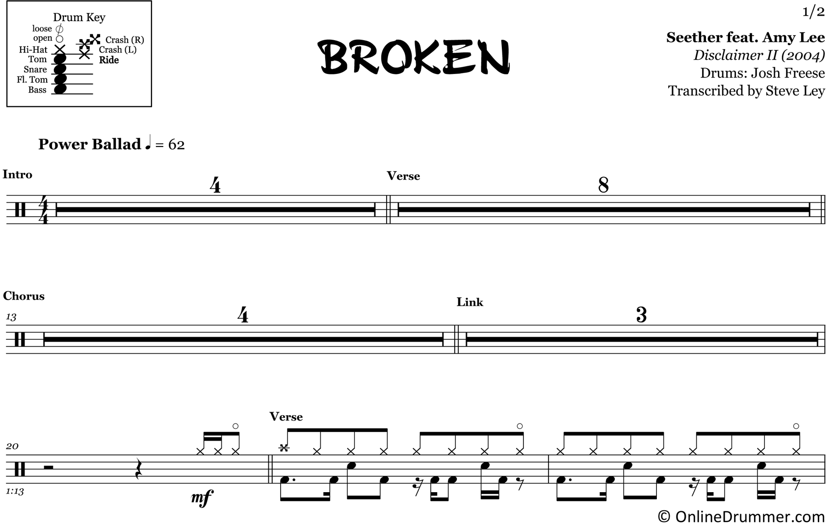 Broken - Seether ft. Amy Lee- Drum Sheet Music