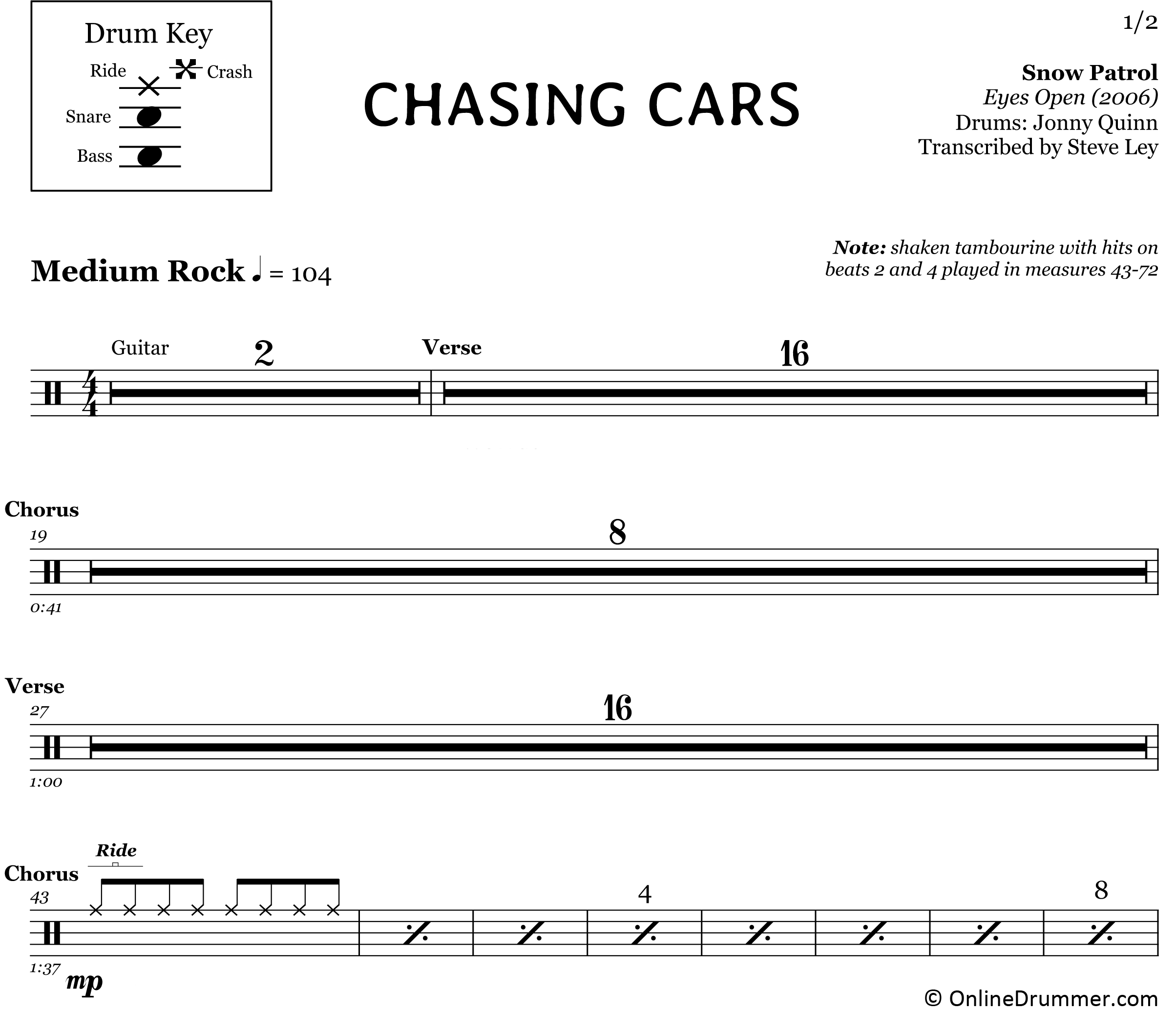 Chasing Cars - Snow Patrol - Drum Sheet Music