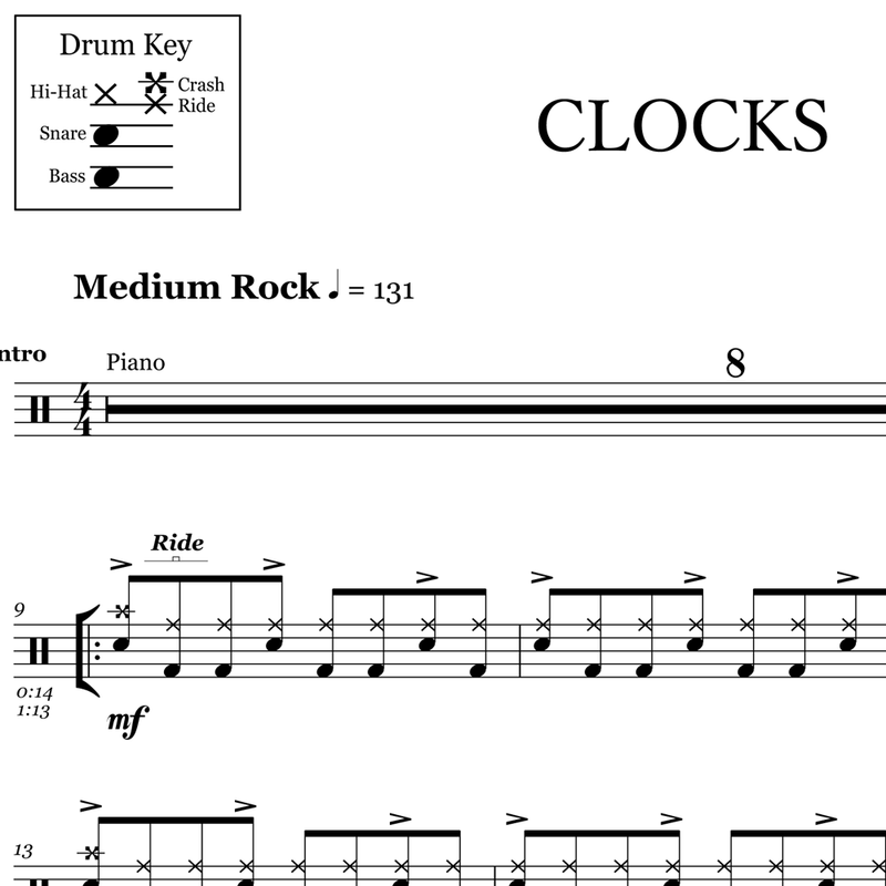 Clocks Coldplay Drum Sheet Music