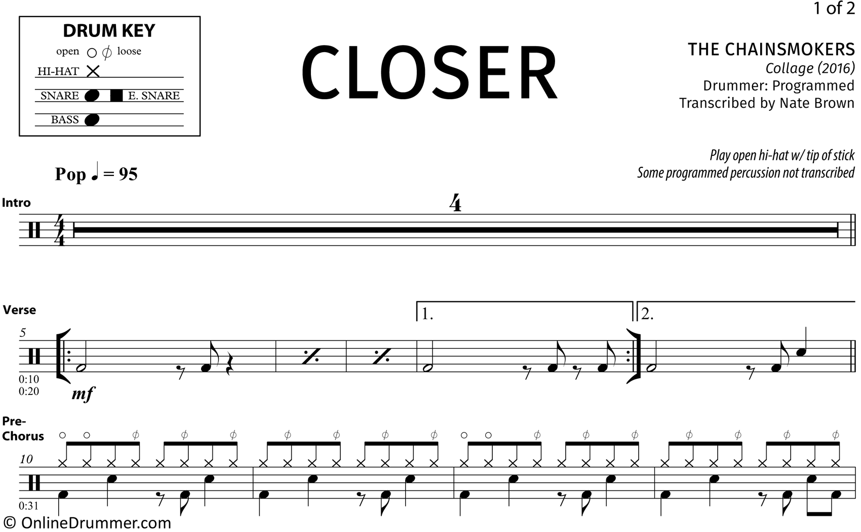 Closer - The Chainsmokers - Drum Sheet Music