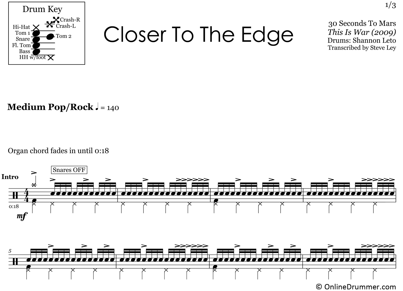 Closer To The Edge - 30 Seconds to Mars - Drum Sheet Music