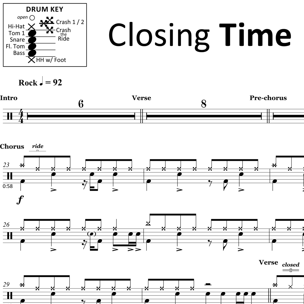 Closing Time - Semisonic - Drum Sheet Music