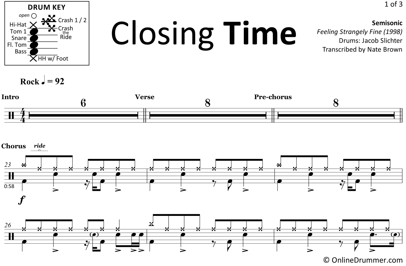 Closing Time - Semisonic - Drum Sheet Music