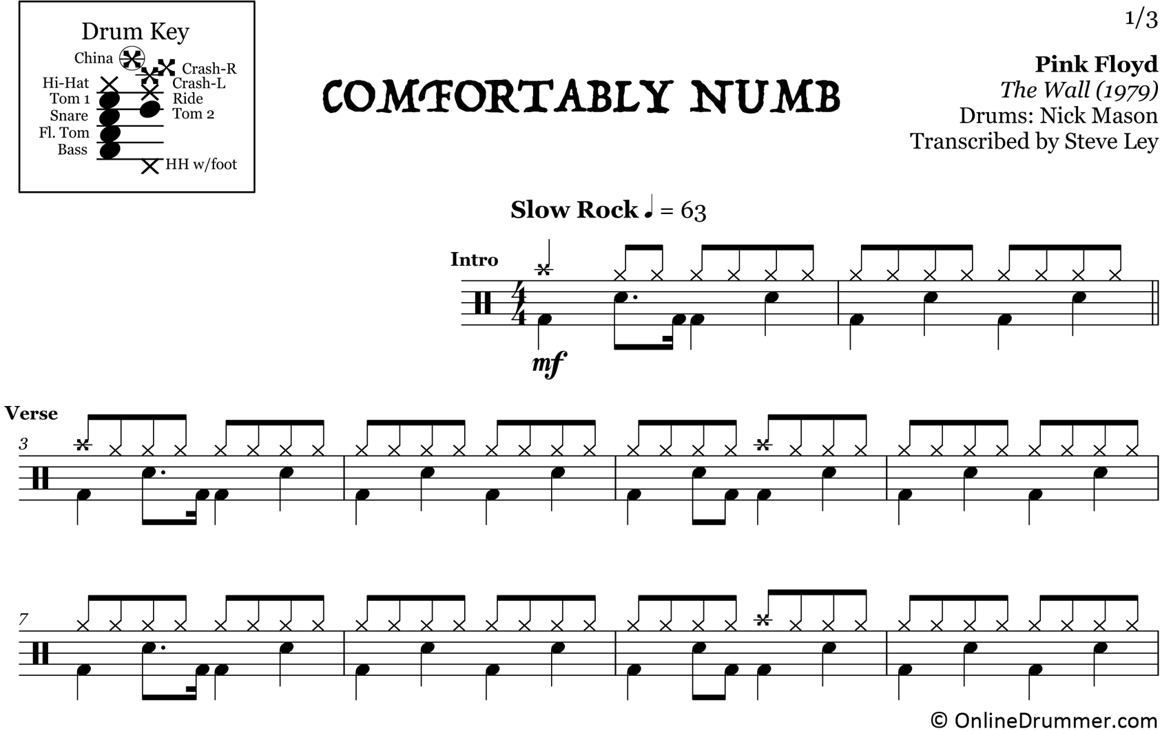 Comfortably Numb - Pink Floyd - Drum Sheet Music