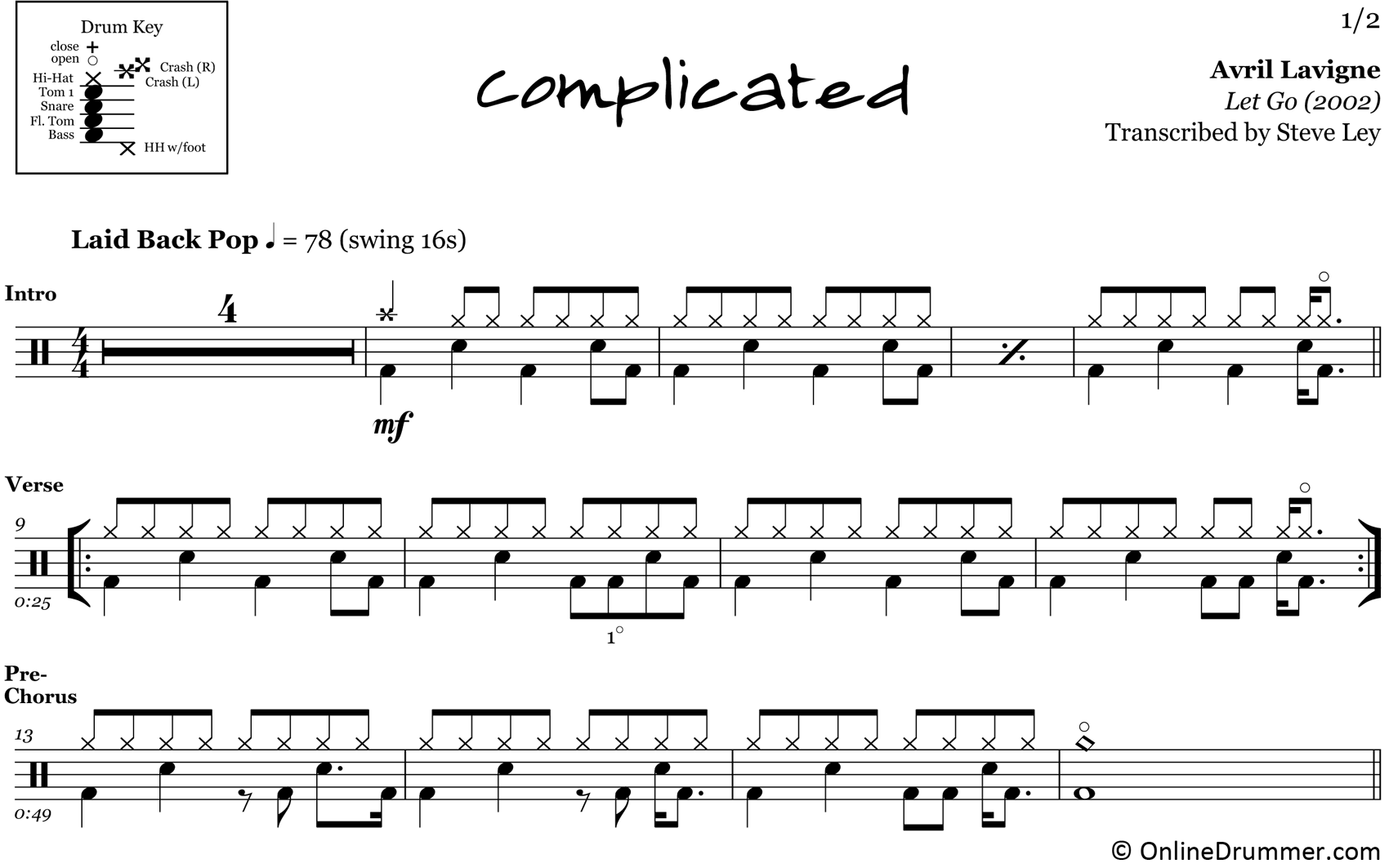 Complicated - Avril Lavigne - Drum Sheet Music