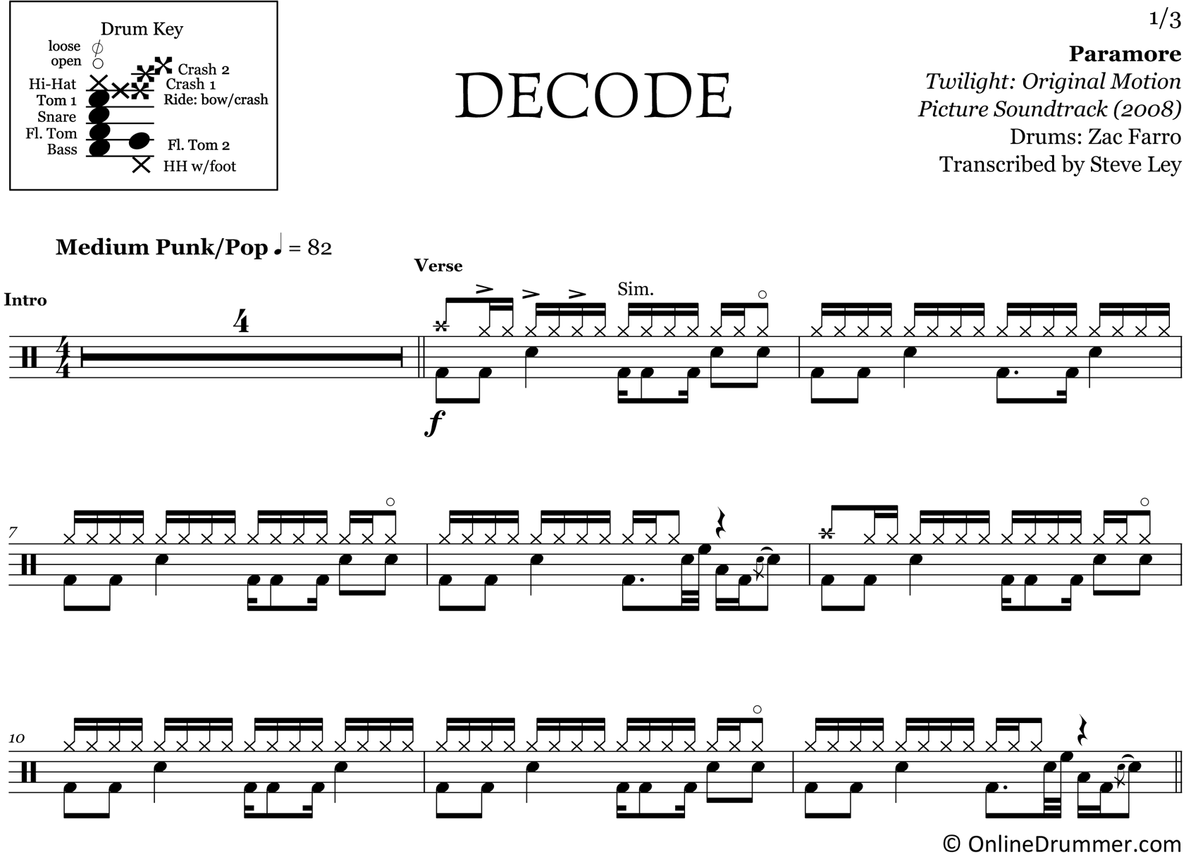 Decode - Paramore - Drum Sheet Music