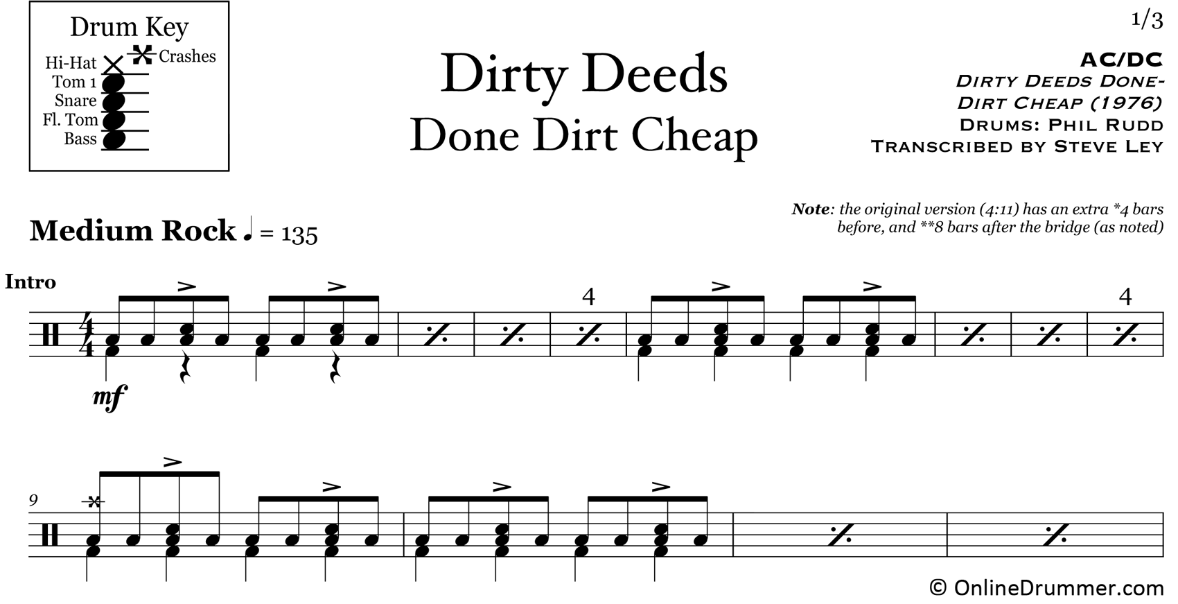 Dirty Deeds Done Dirt Cheap - ACDC - Drum Sheet Music