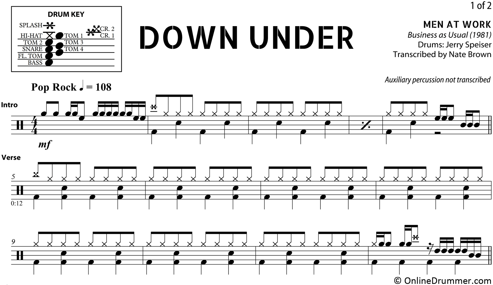 Down Under - Men at Work - Drum Sheet Music