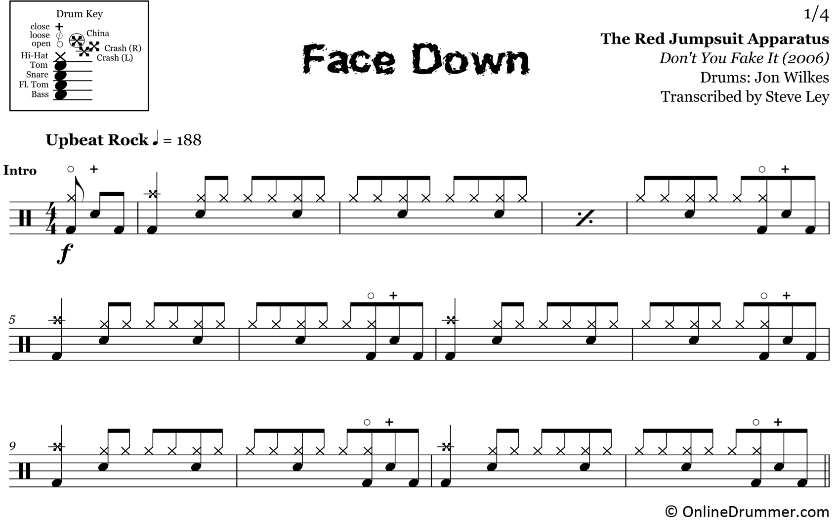 Face Down - The Red Jumpsuit Apparatus - Drum Sheet Music