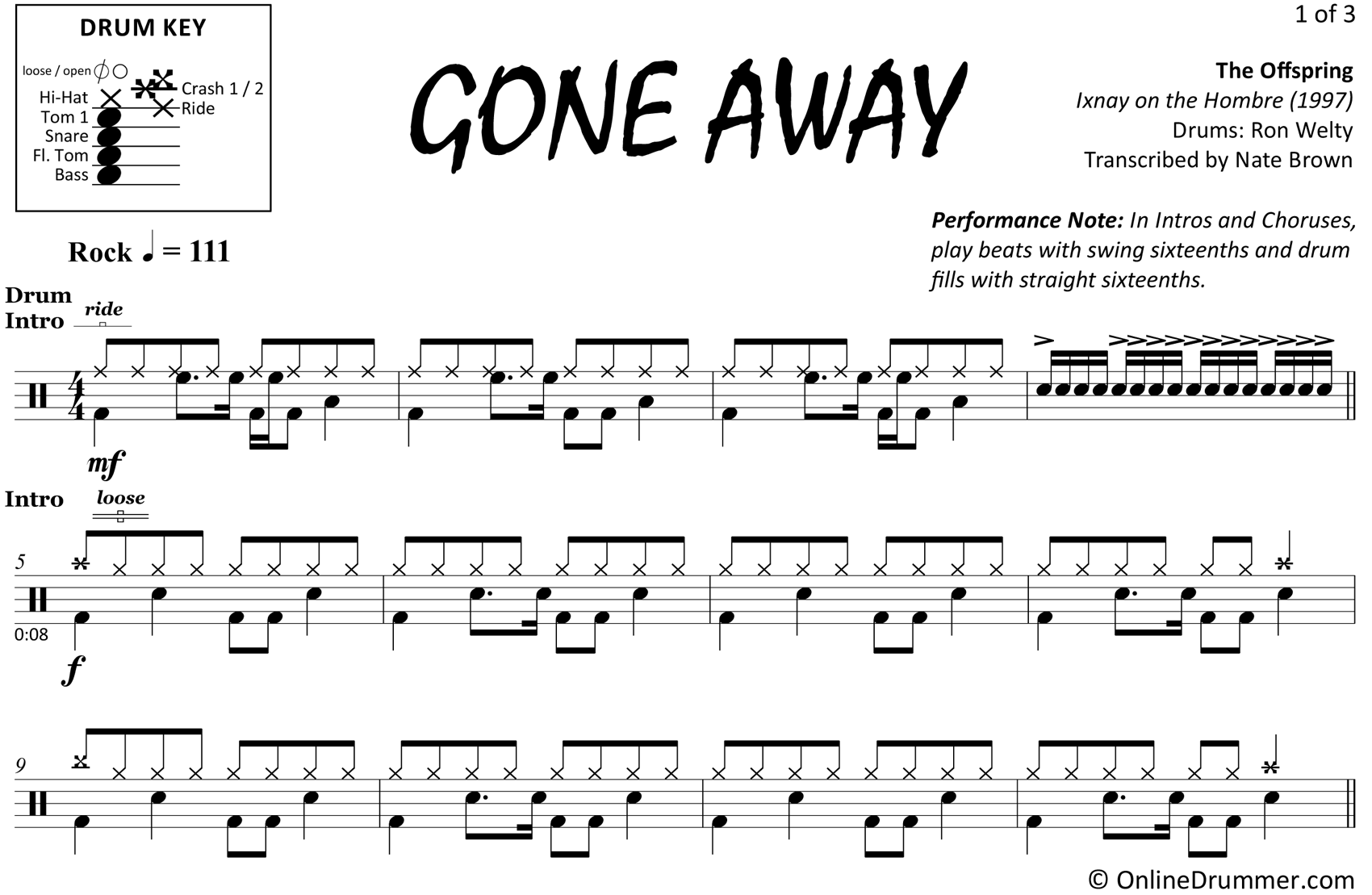 Gone Away - The Offspring - Drum Sheet Music