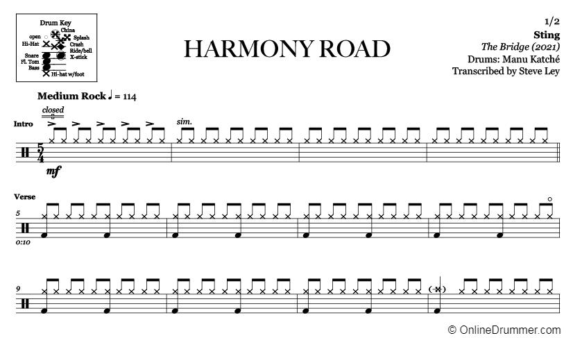 Harmony Road - Sting - Drum Sheet Music