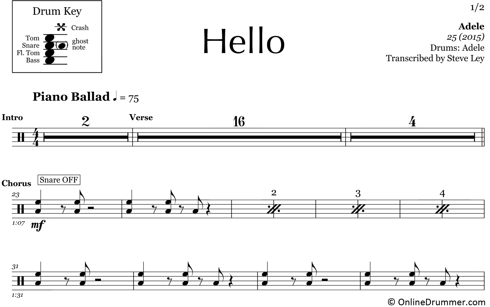 Hello - Adele - Drum Sheet Music