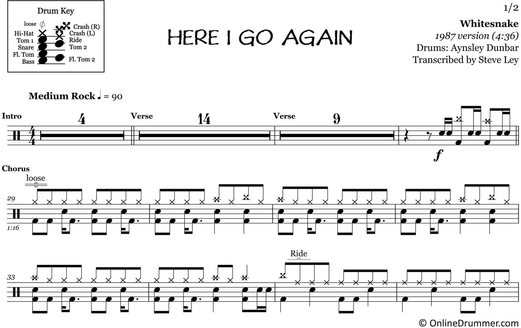 Here I Go Again - Whitesnake - Drum Sheet Music