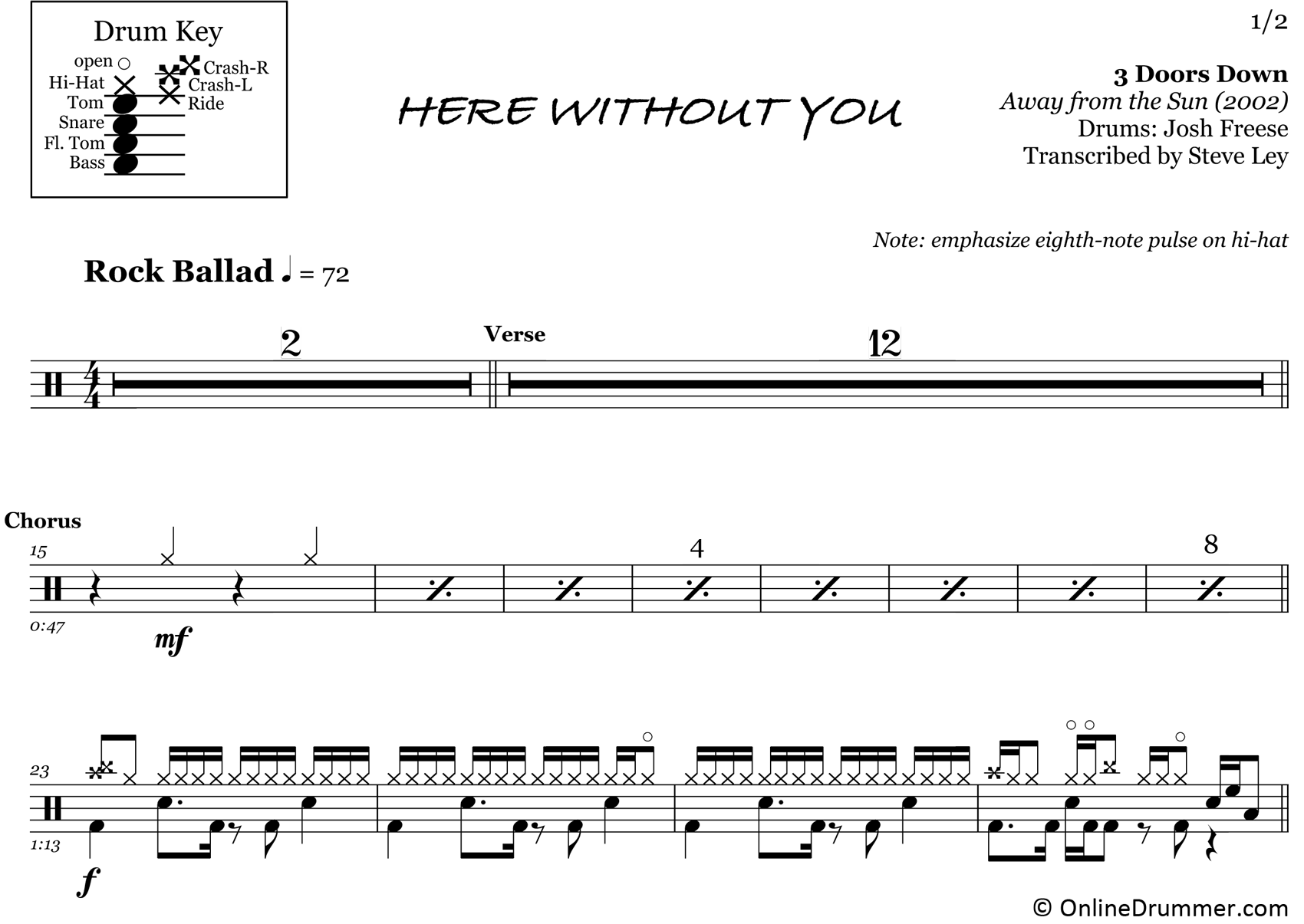Here Without You - 3 Doors Down - Drum Sheet Music