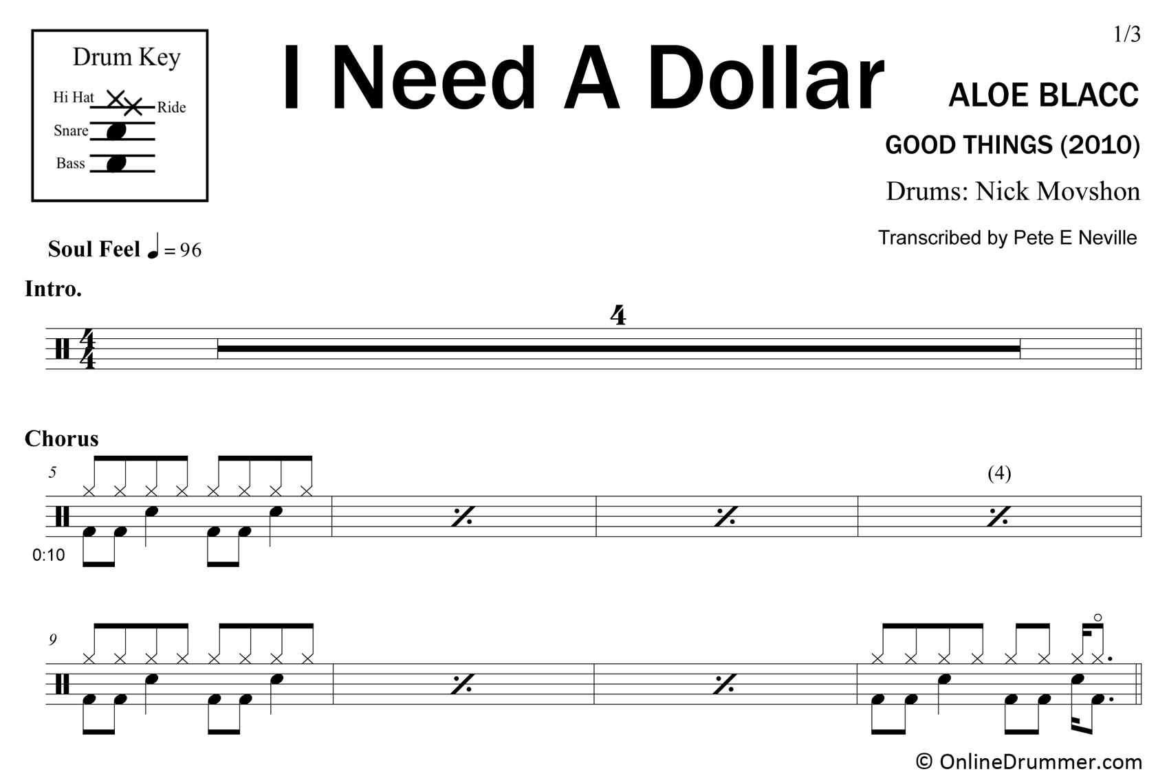 I Need a Dollar - Aloe Blacc - Drum Sheet Music