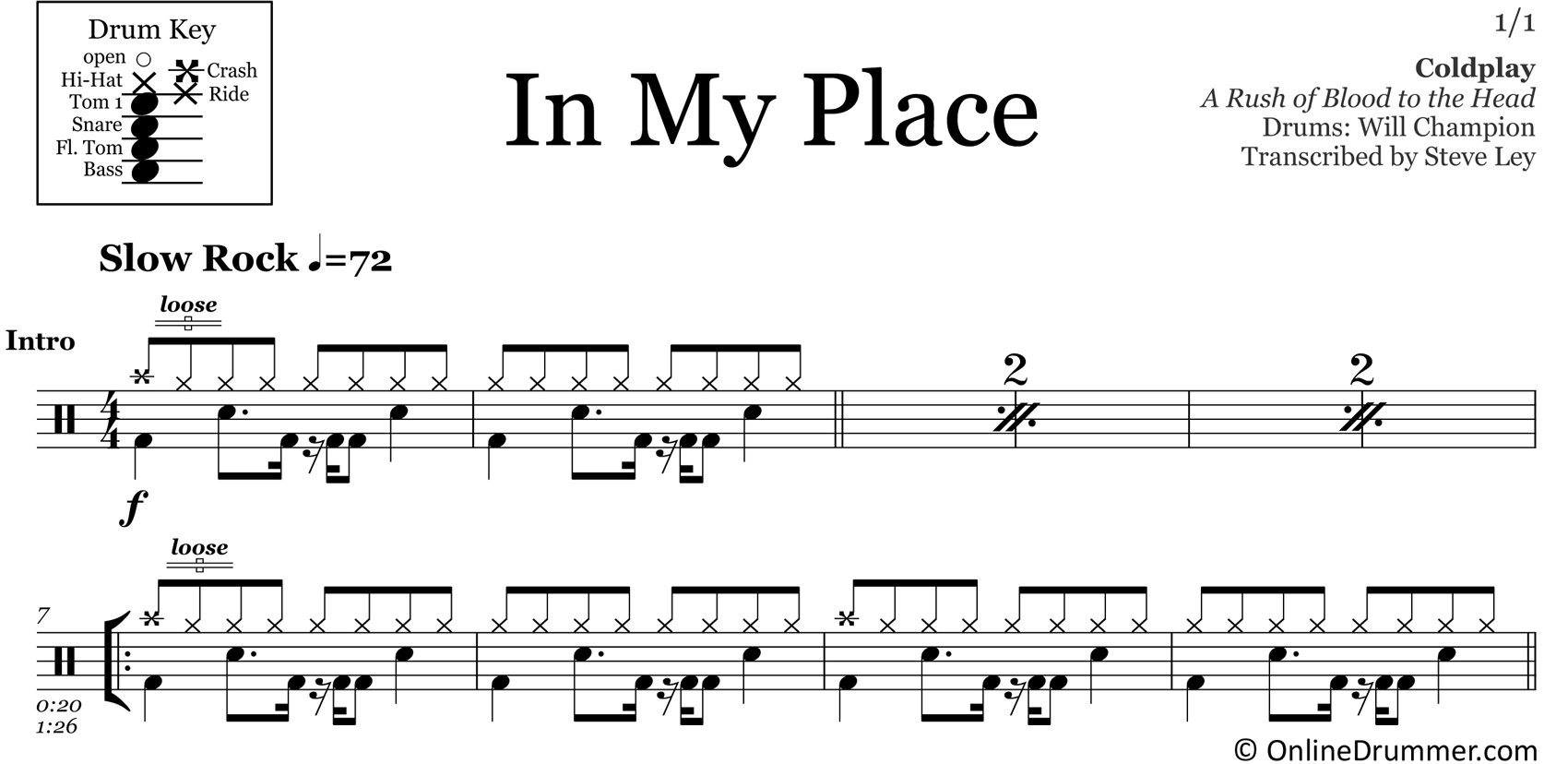 In My Place - Coldplay - Drum Sheet Music