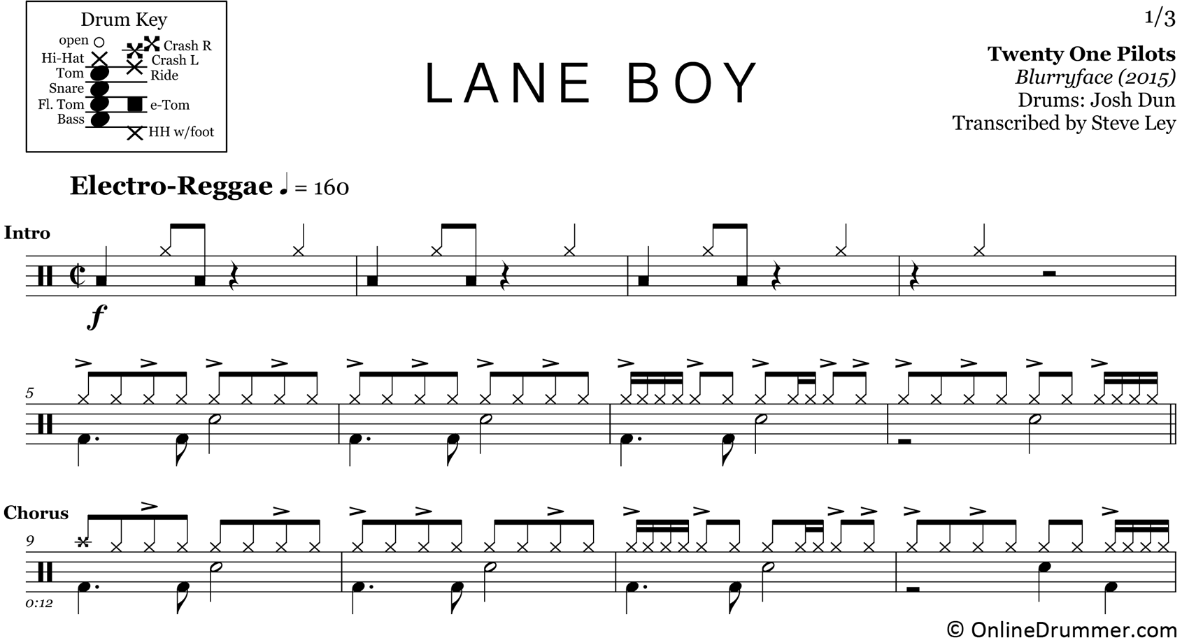 Lane Boy - Twenty One Pilots - Drum Sheet Music