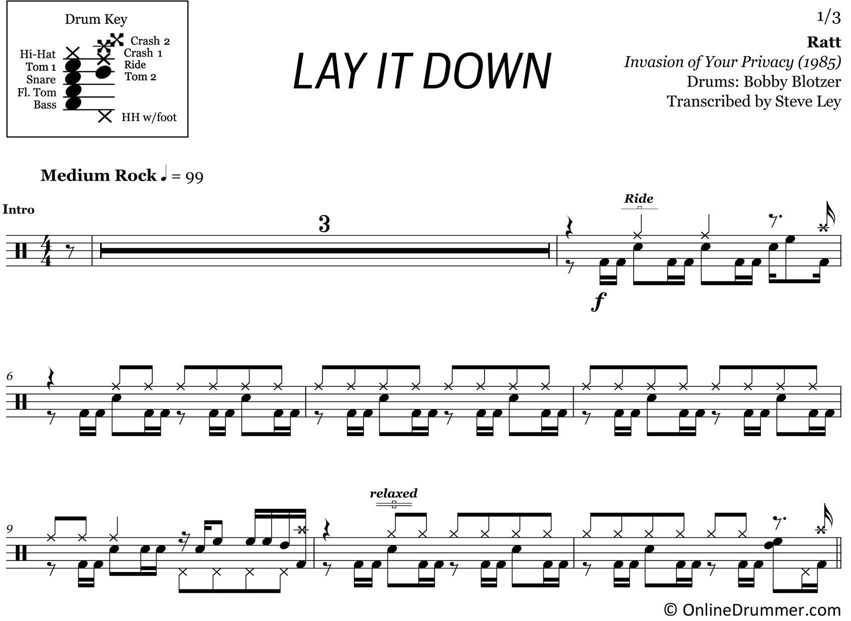 Lay It Down - Ratt - Drum Sheet Music
