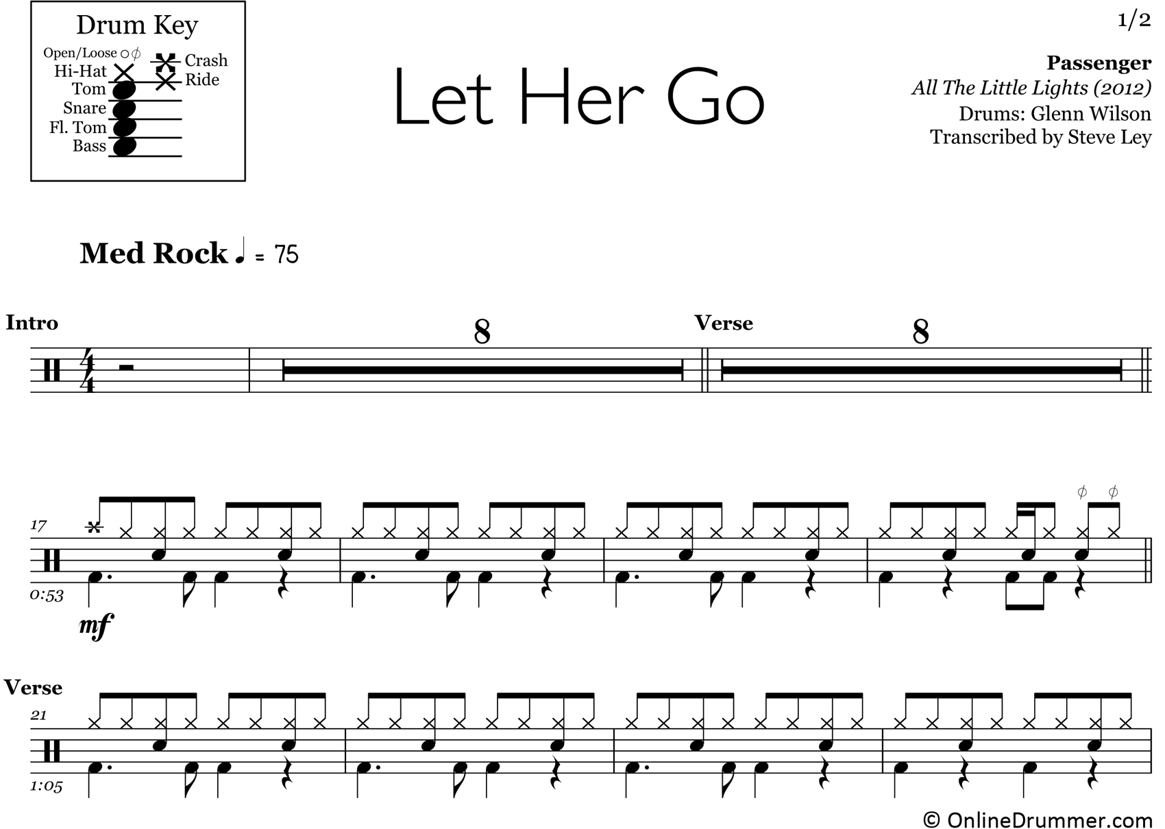 Let Her Go - Passenger - Drum Sheet Music