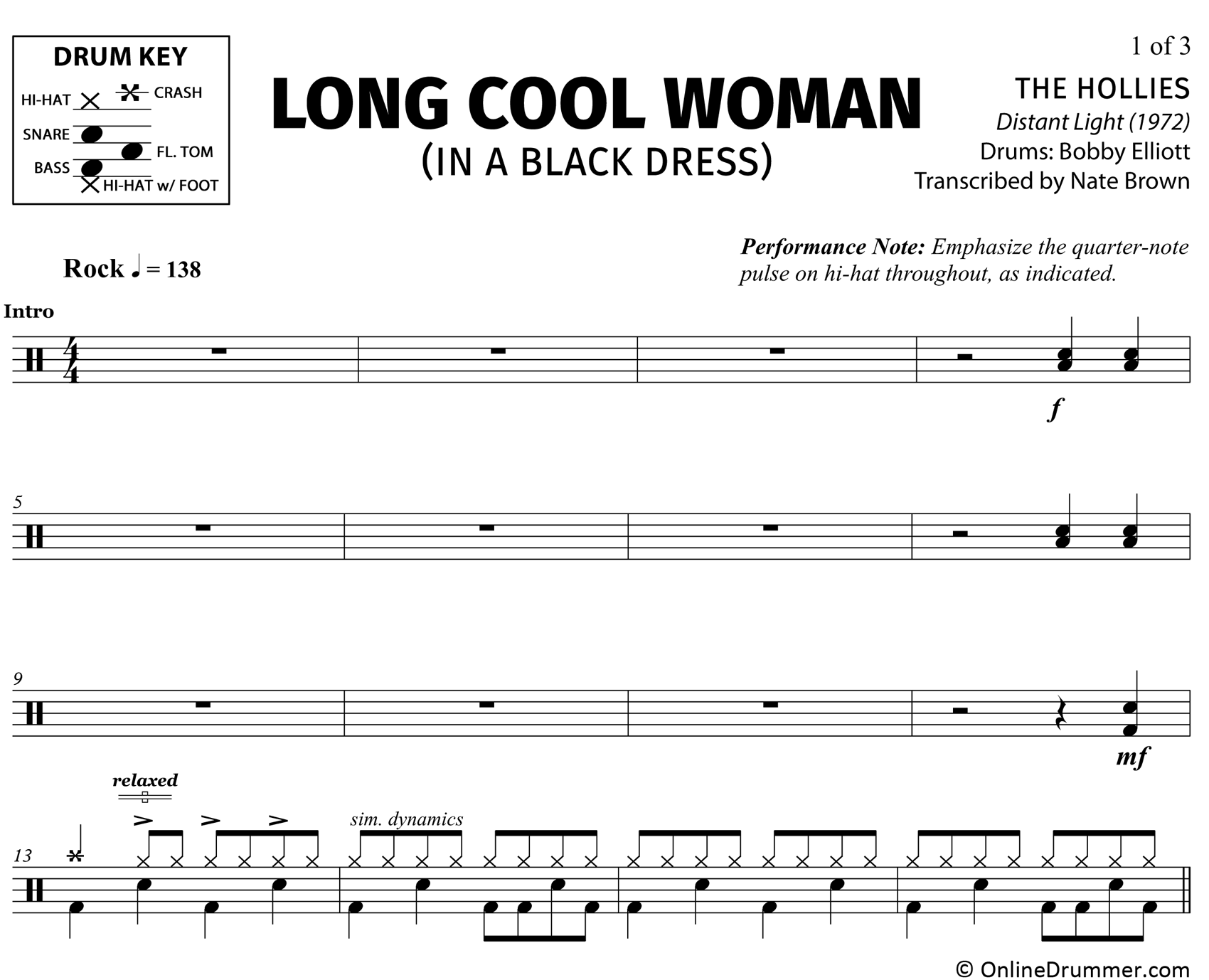 Long Cool Woman in a Black Dress - The Hollies - Drum Sheet Music