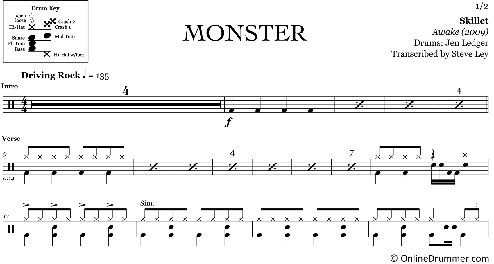 Monster - Skillet - Drum Sheet Music