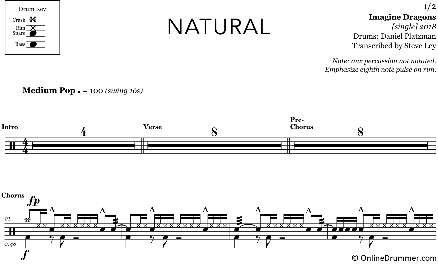 Natural - Imagine Dragons - Drum Sheet Music