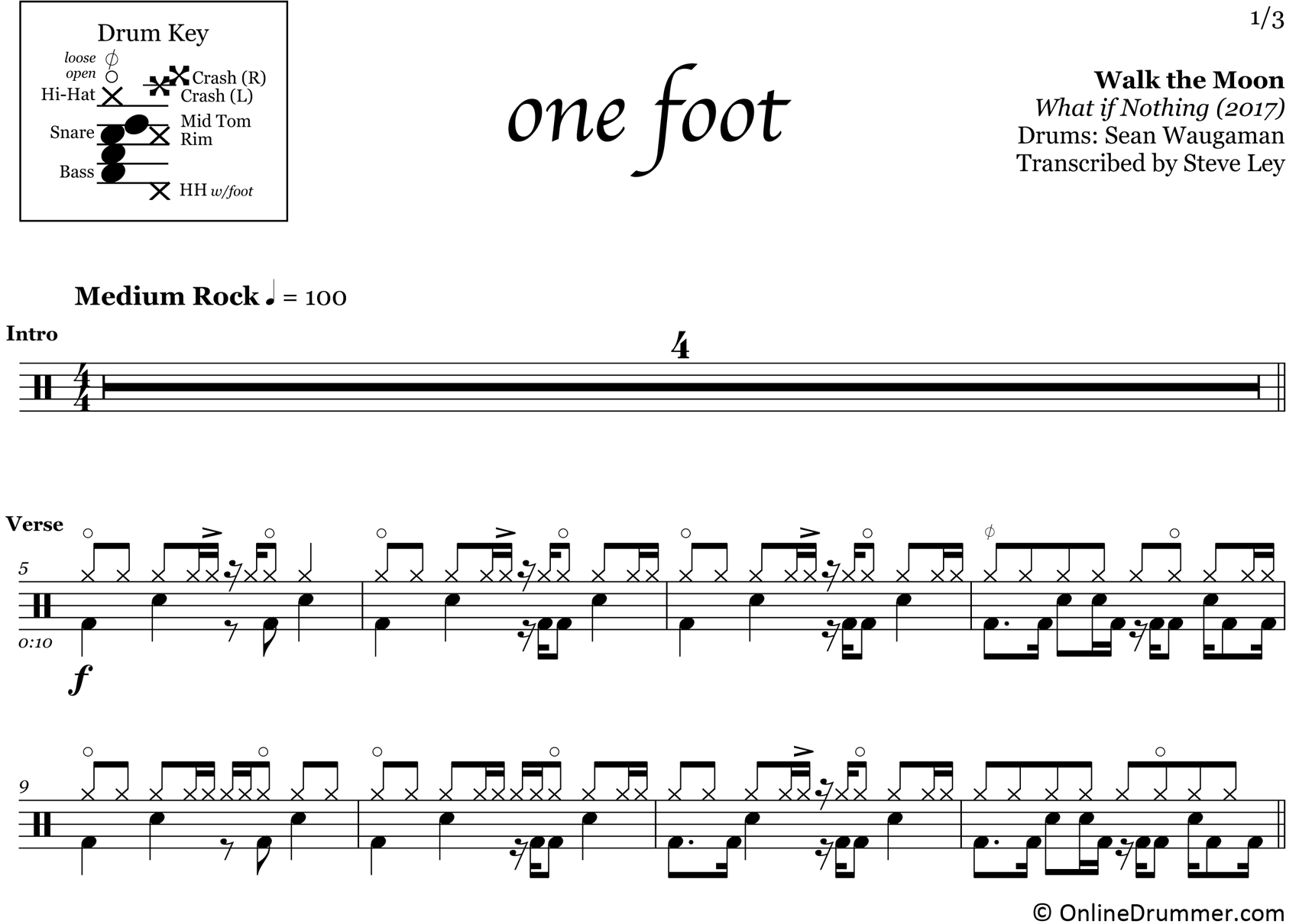 One Foot - Walk The Moon - Drum Sheet Music