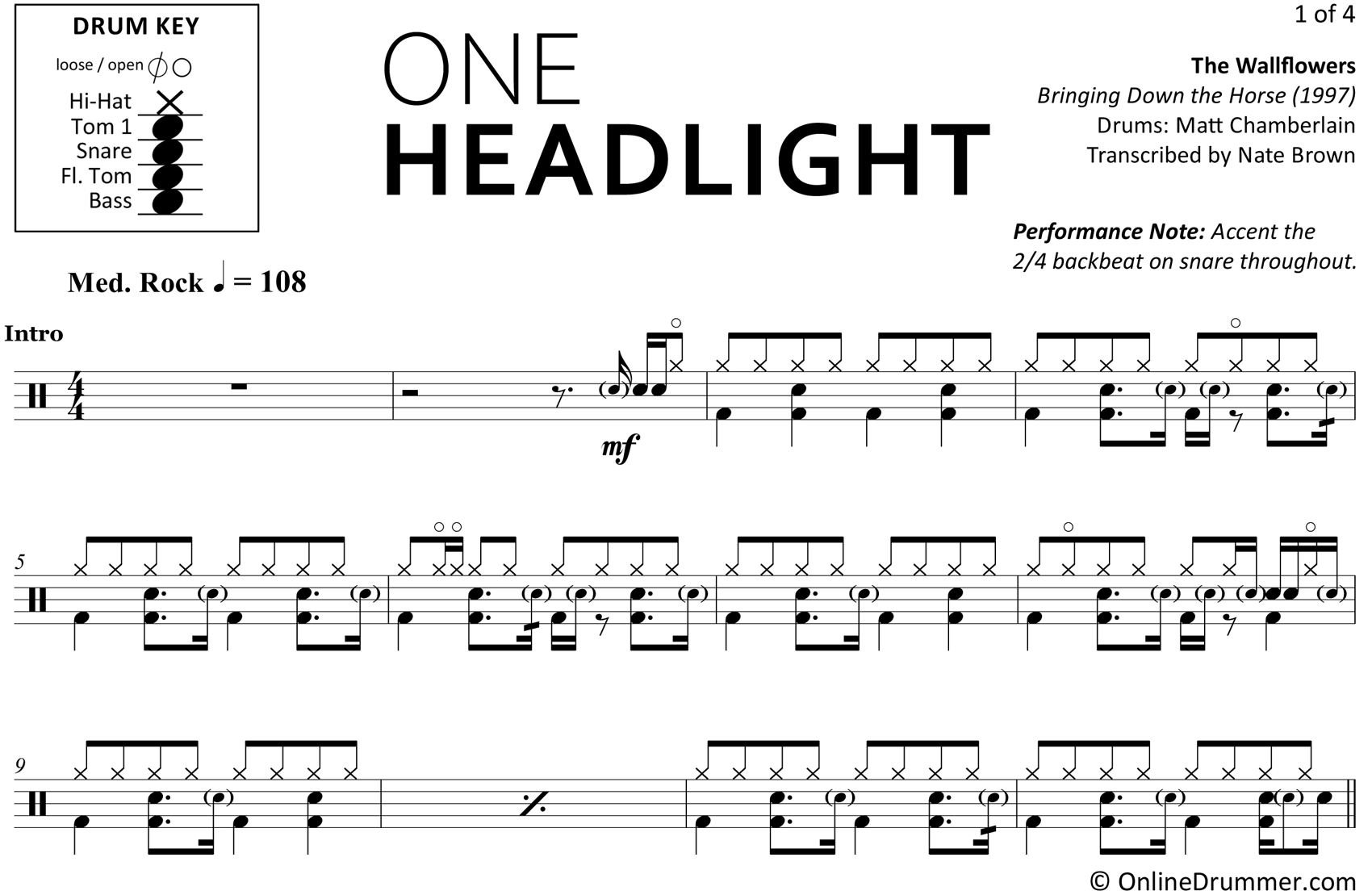 One Headlight - The Wallflowers - Drum Sheet Music