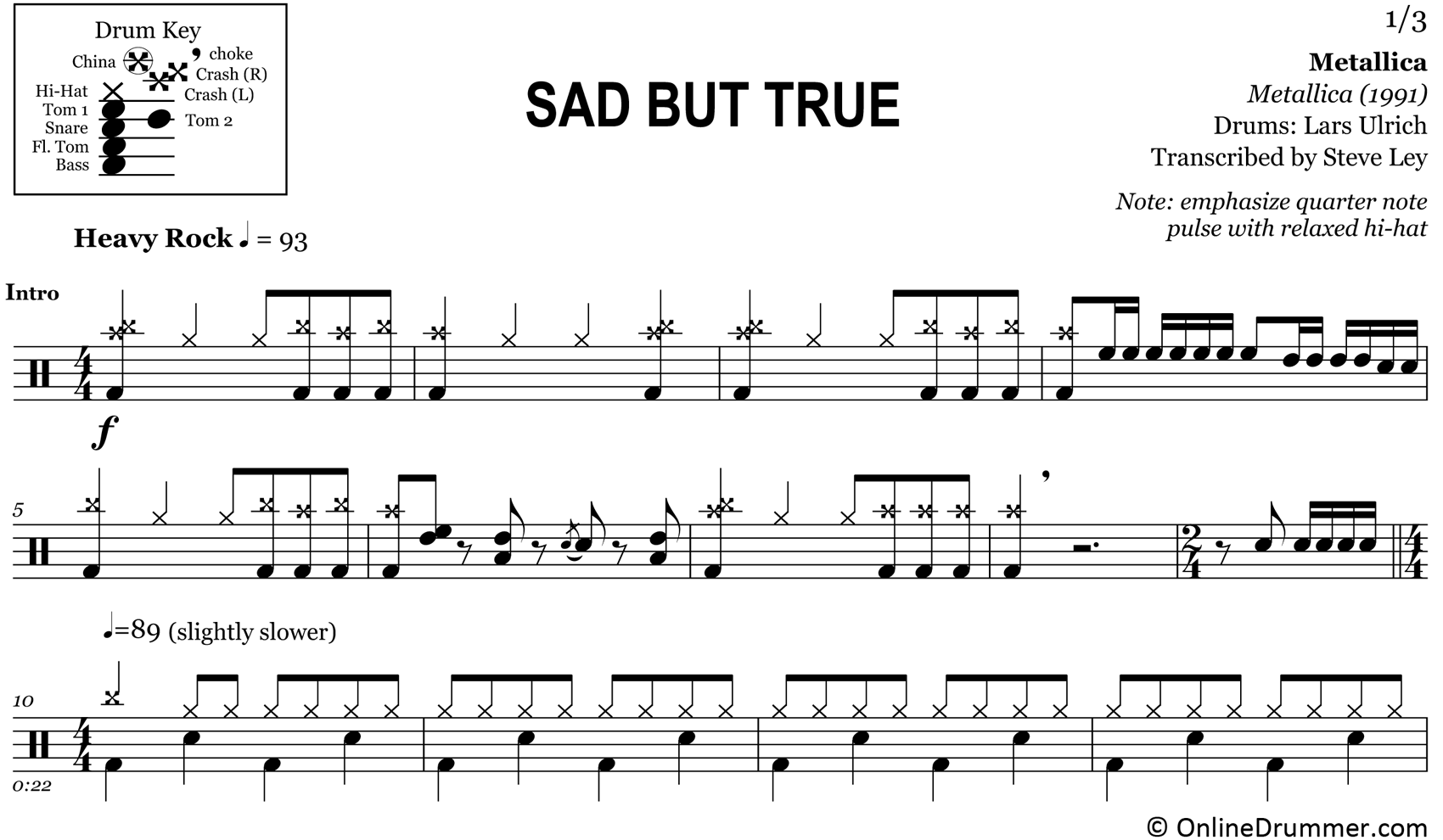 Sad But True - Metallica - Drum Sheet Music