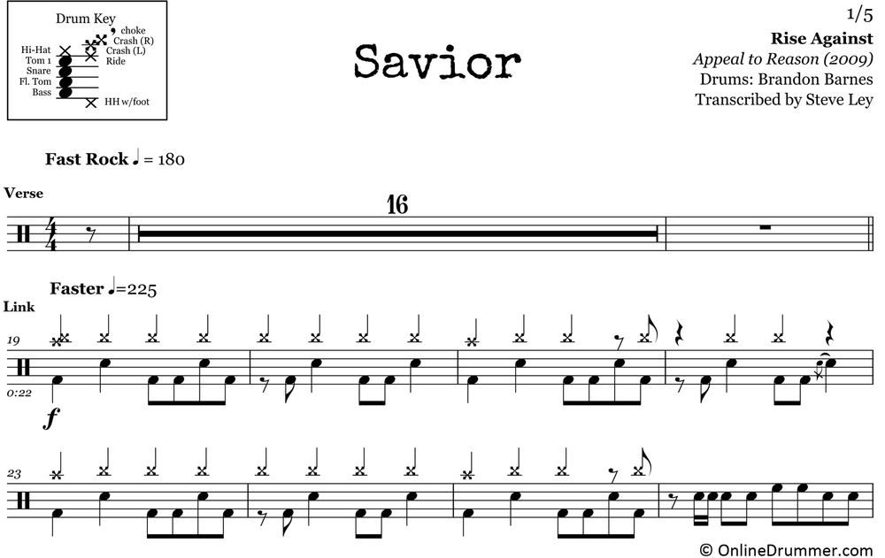 Savior - Rise Against - Drum Sheet Music