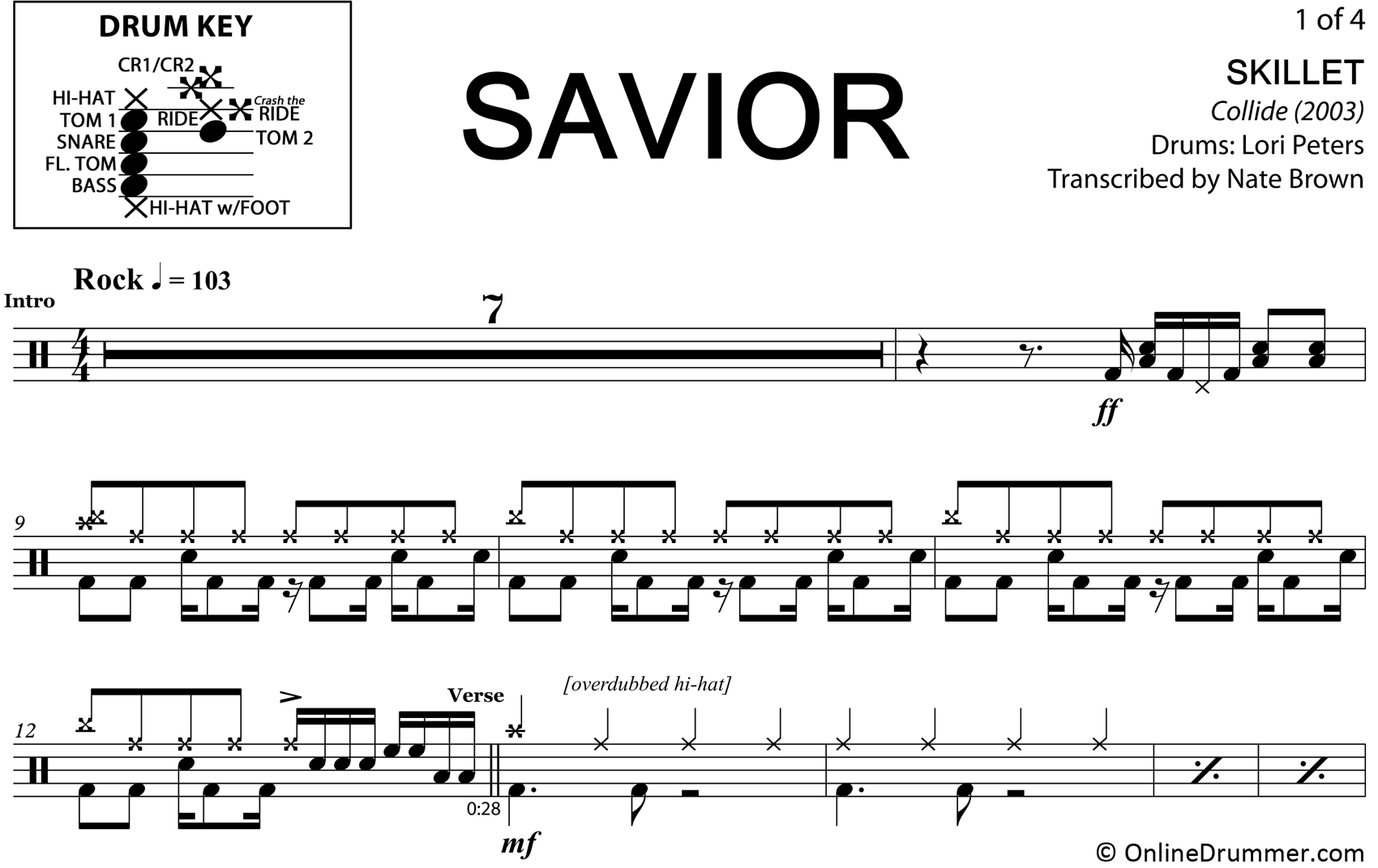 Savior - Skillet - Drum Sheet Music