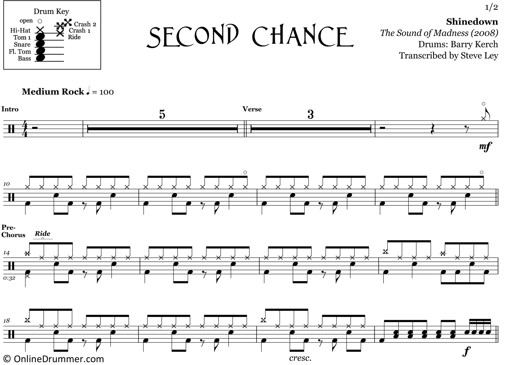 Second Chance - Shinedown - Drum Sheet Music