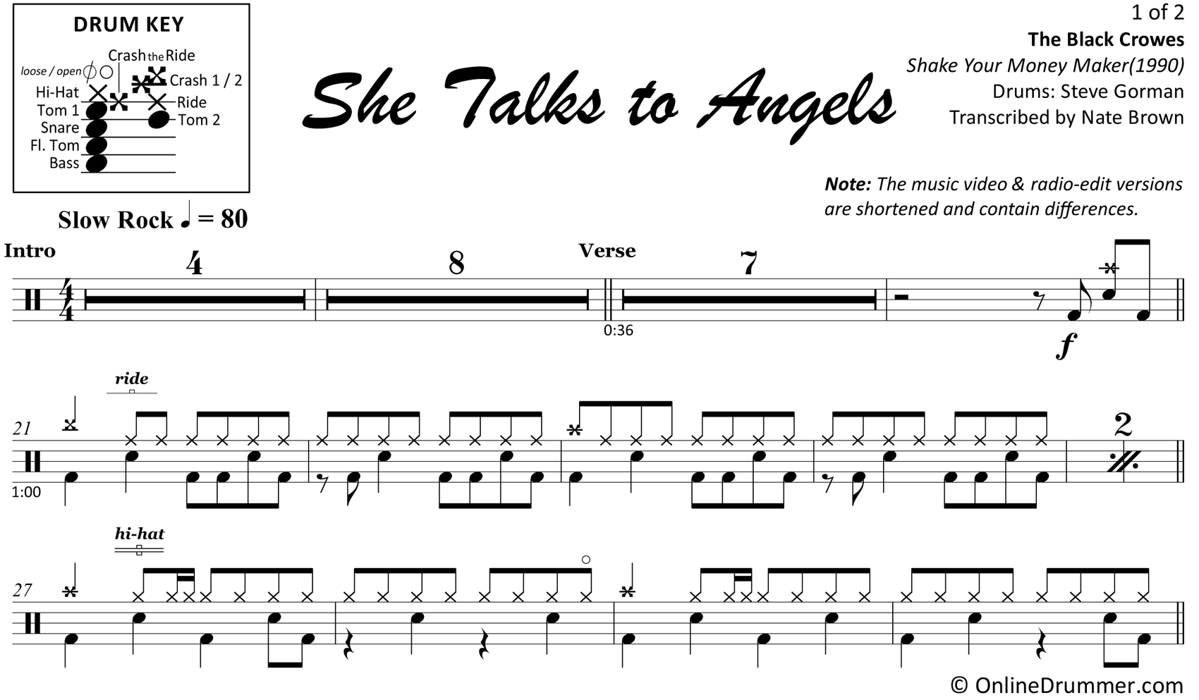 She Talks to Angels - The Black Crowes - Drum Sheet Music