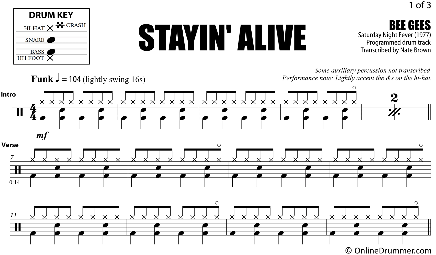 Stayin' Alive - Bee Gees - Drum Sheet Music