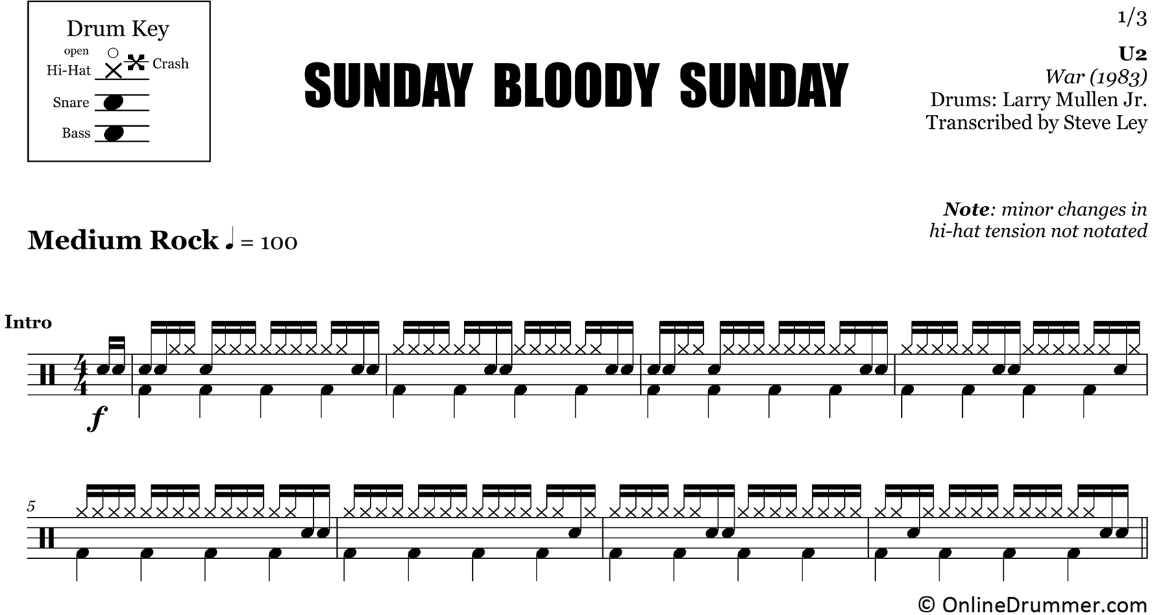 Sunday Bloody Sunday - U2 - Drum Sheet Music