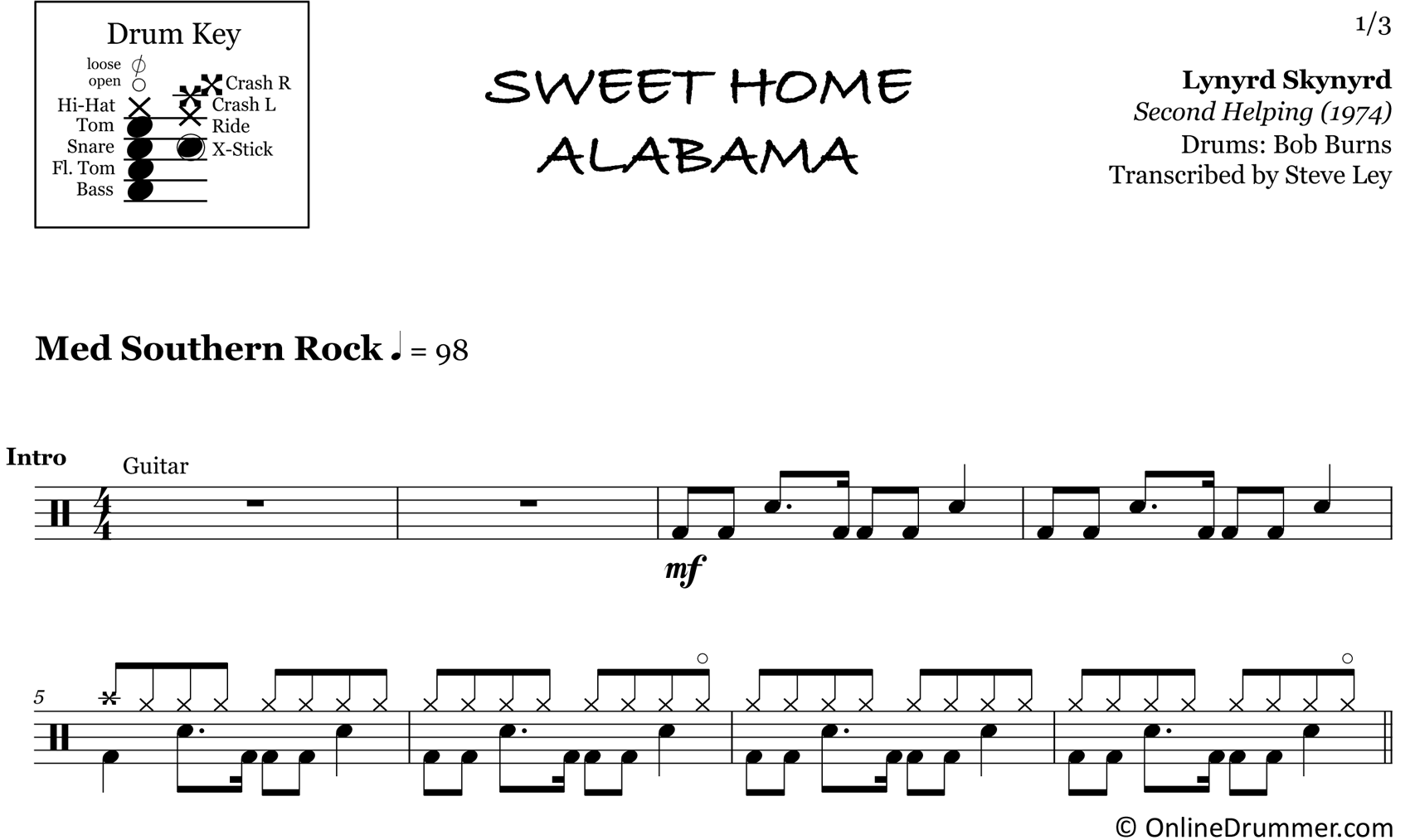 Sweet Home Alabama - Lynyrd Skynyrd - Drum Sheet Music