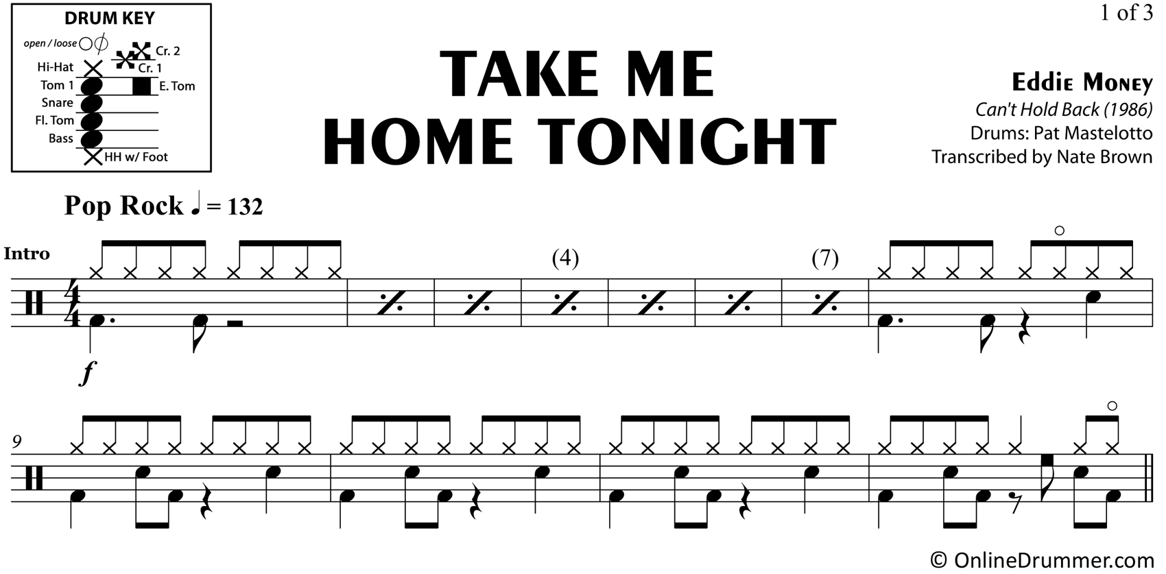Take Me Home Tonight - Eddie Money - Drum Sheet Music