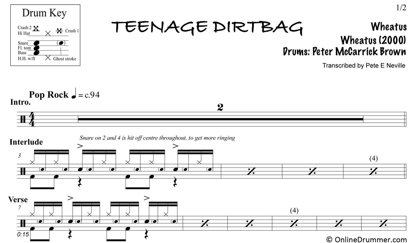 Teenage Dirtbag - Wheatus - Drum Sheet Music