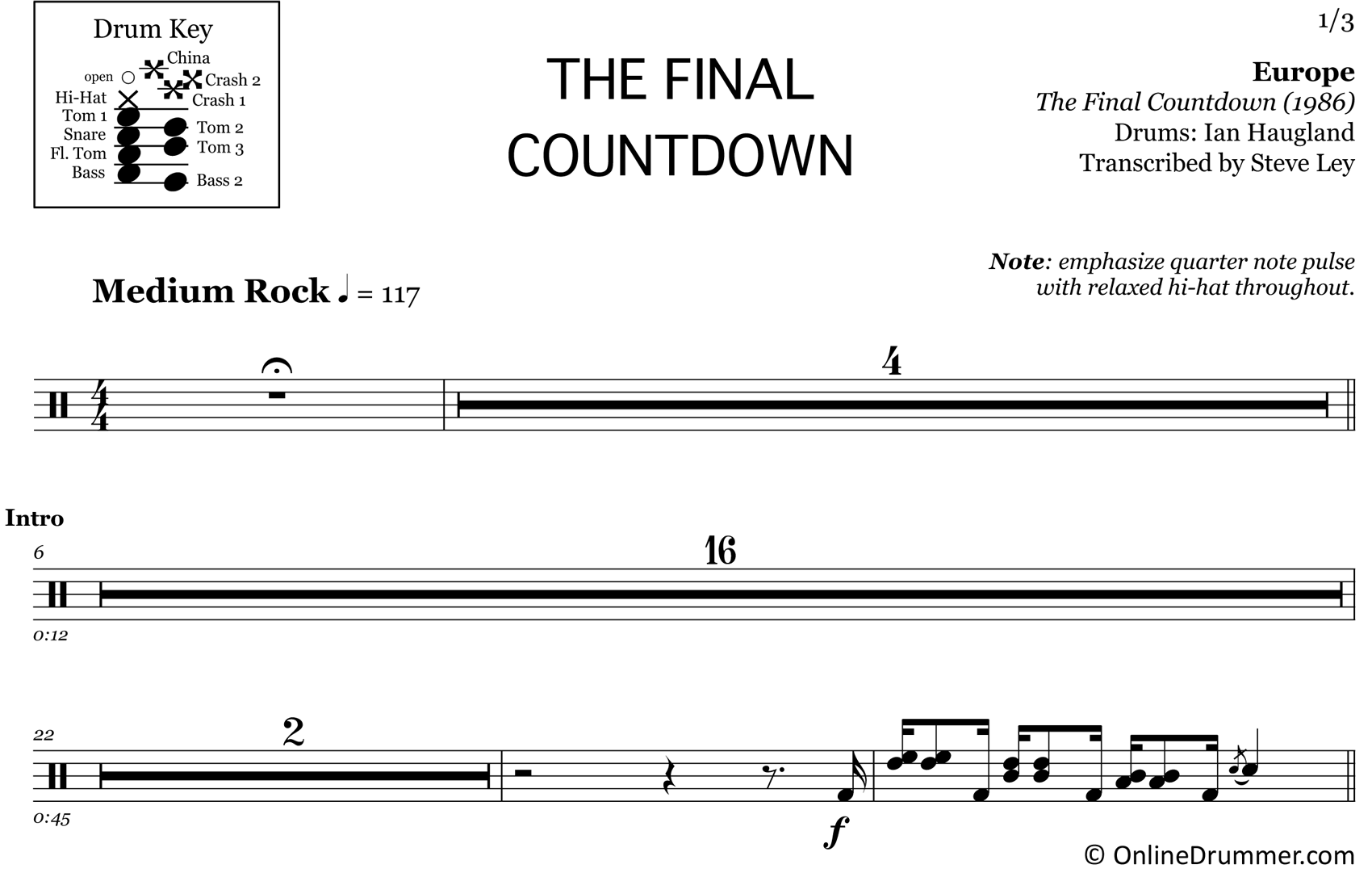 The Final Countdown - Europe - Drum Sheet Music