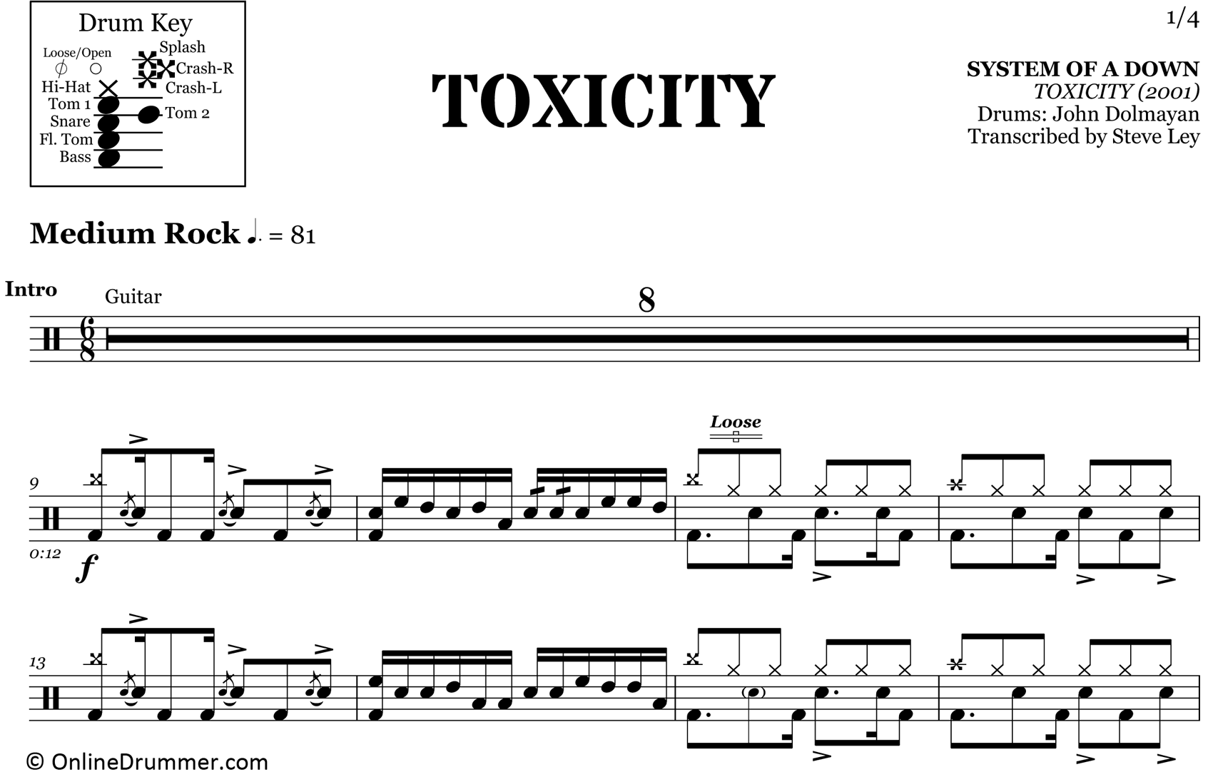 Toxicity - System Of A Down - Drum Sheet Music