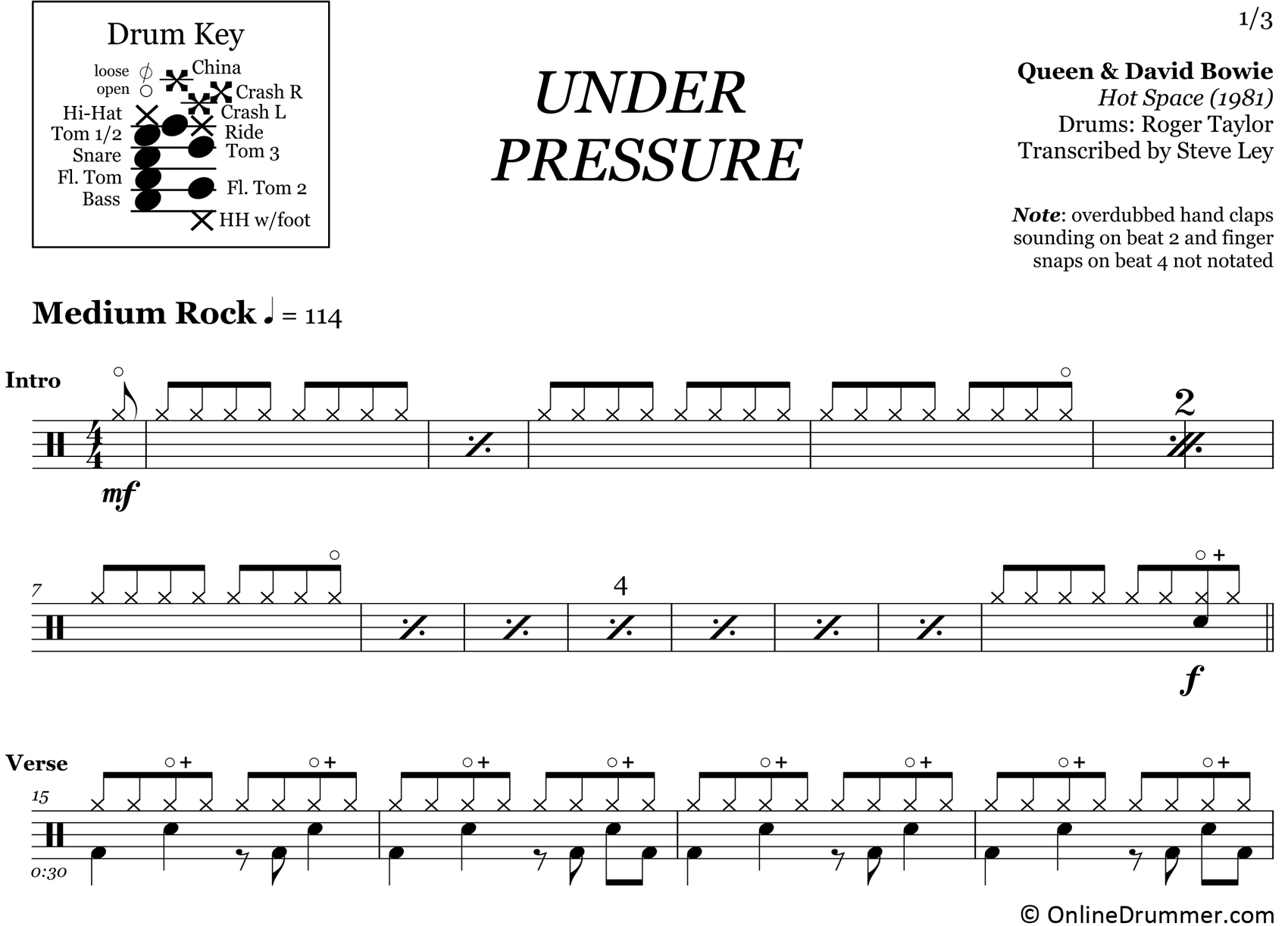 Under Pressure - Queen & David Bowie - Drum Sheet Music
