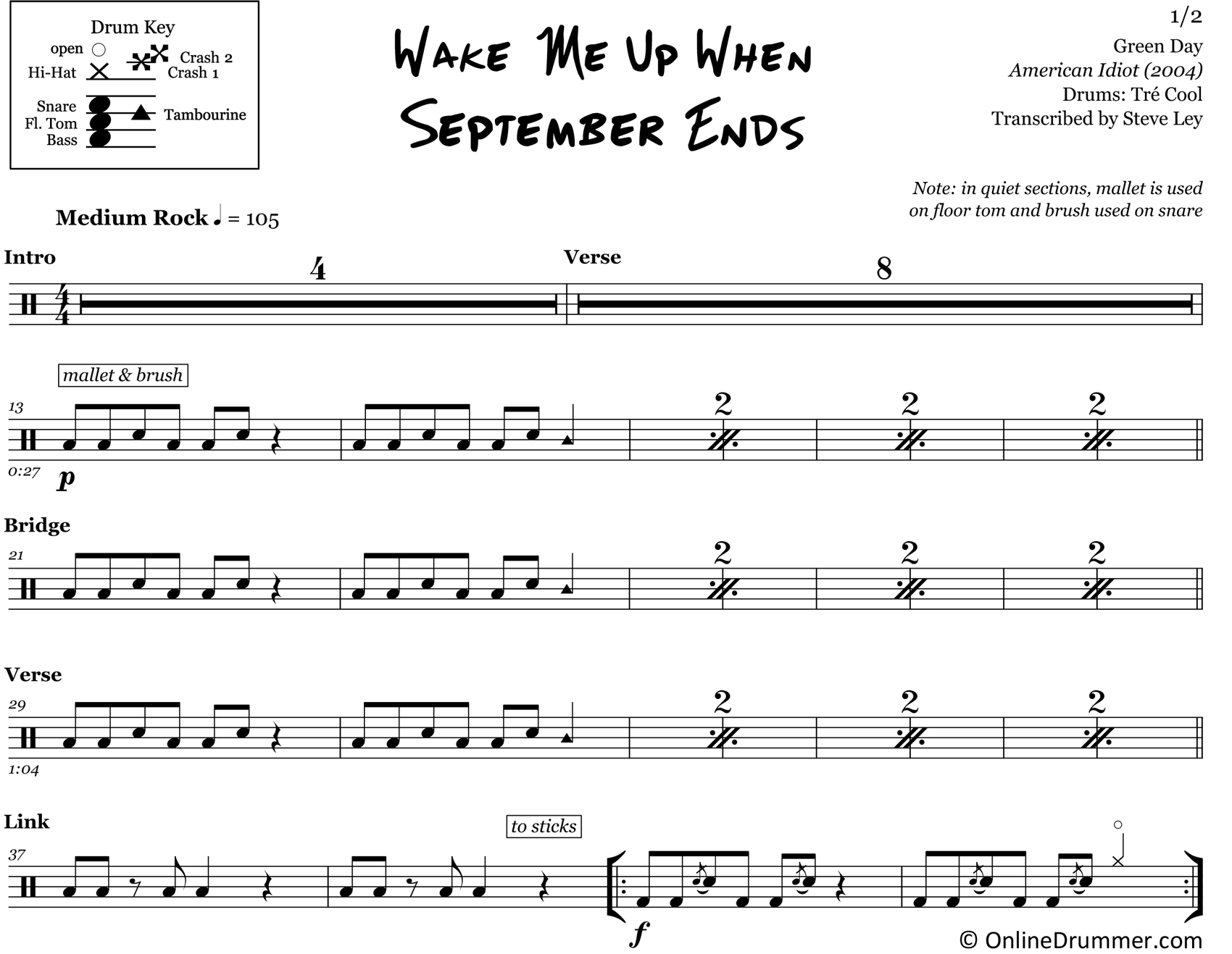 Wake Me Up When September Ends - Green Day - Drum Sheet Music