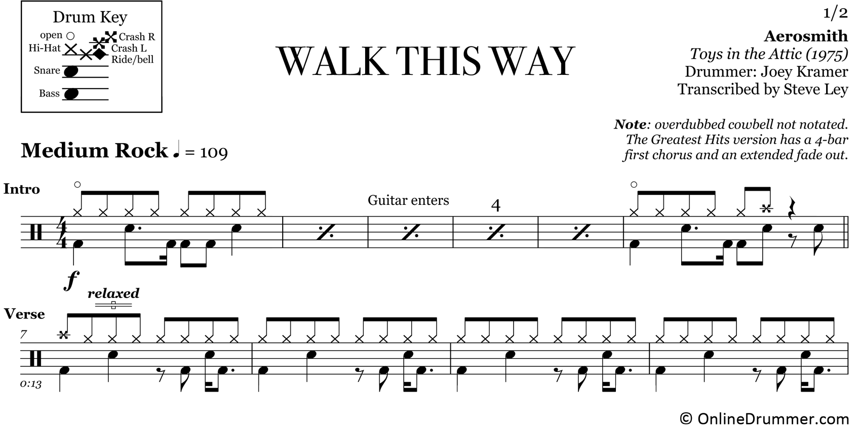 Walk This Way - Aerosmith - Drum Sheet Music