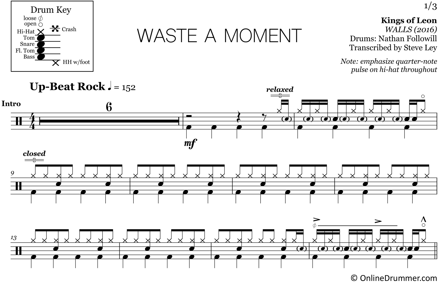 Waste of a Moment - Kings of Leon - Drum Sheet Music