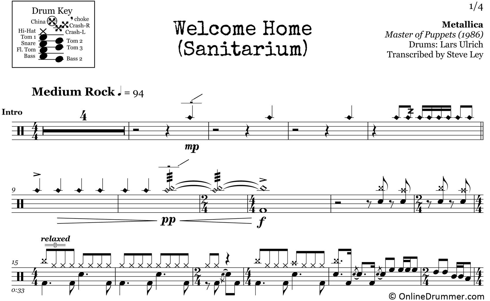 Welcome Home (Sanitarium) - Metallica - Drum Sheet Music
