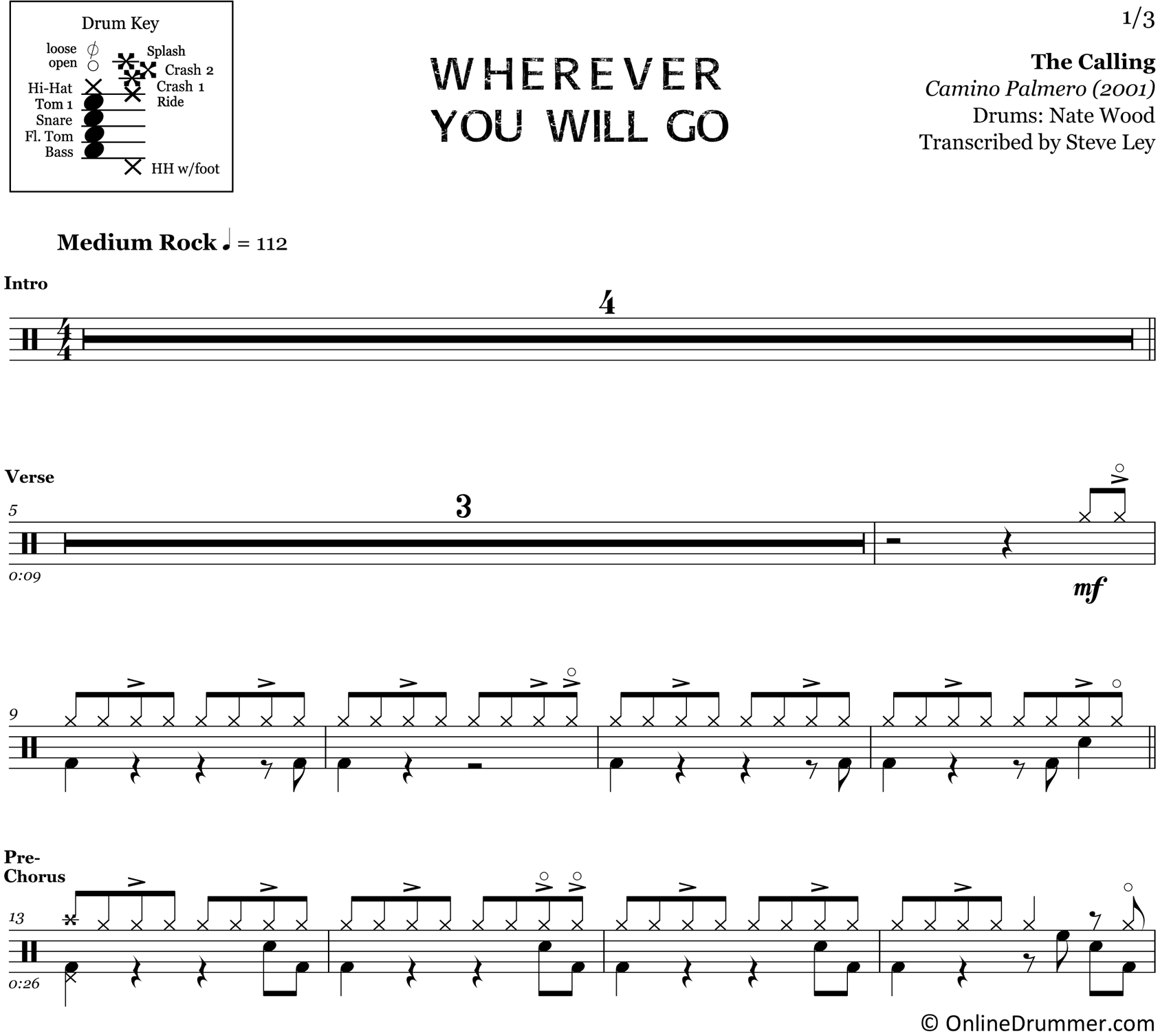Wherever You Will Go - The Calling - Drum Sheet Music